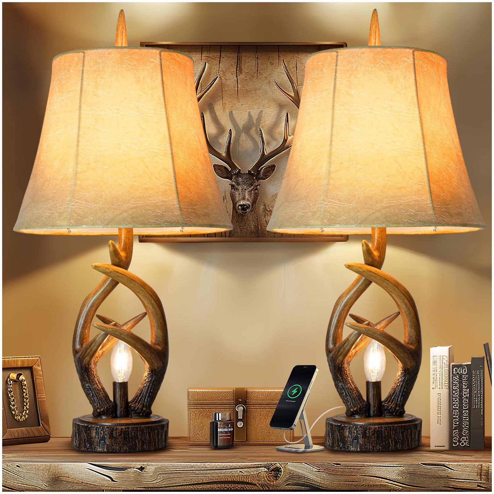 Rustic Farmhouse Antlers Nightstand Lamp Set of 2 - Brown Leather Shade with Dual USB Ports & Nightlight - Bedside Table Lamps for Living Room, Bedroom, Office, Hotel Decor | Perfect for Cozy Reading Nooks and Warm Ambient Lighting