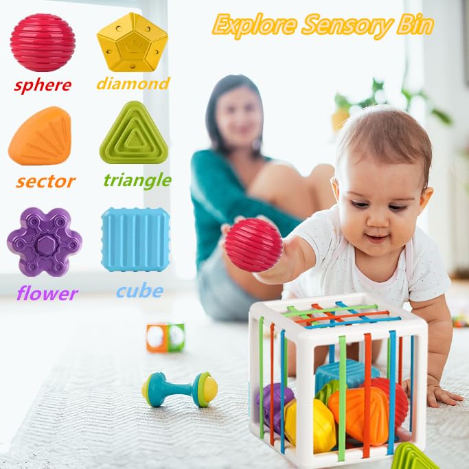 Montessori Baby Toys 6-12 Months | Silicone Teething & Pull String Toy | Stacking Blocks for Toddlers 0-3 Years | Sensory Shape Bin | Perfect Gift for Baby Boys & Girls - Great for Early Learning, Teething Relief & Motor Skill Development