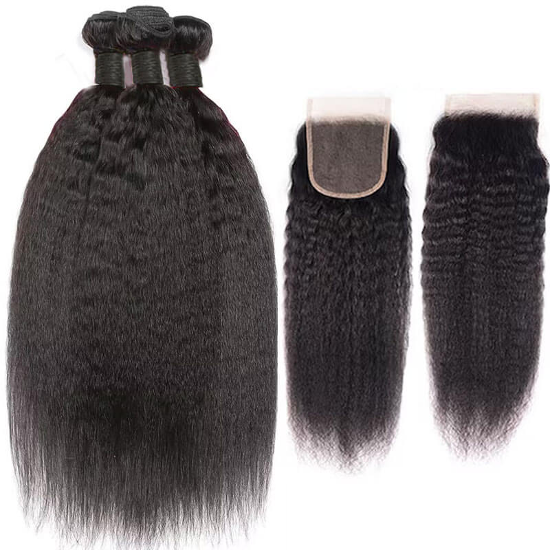 Eullair Kinky Straight Human Hair Bundles with Closure 3/4 PCS - 4x4 5x5 2x6 Lace Closure - 100% Remy Human Hair Extensions for Natural Look - Perfect for Styling, Weaving & Everyday Wear