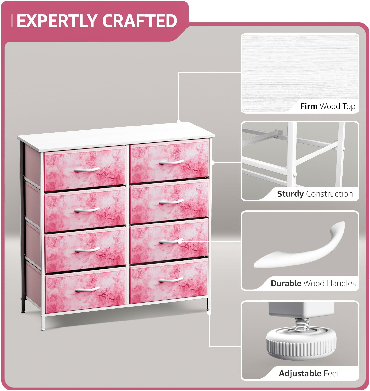 Sorbus 8-Drawer Dresser Storage Organizer - Steel Frame & Wood Top Chest Tower with Easy Pull Fabric Bins for Bedroom, Hallway, Closet & Office | Perfect for Small Space Organization & Home Decor (Pink)