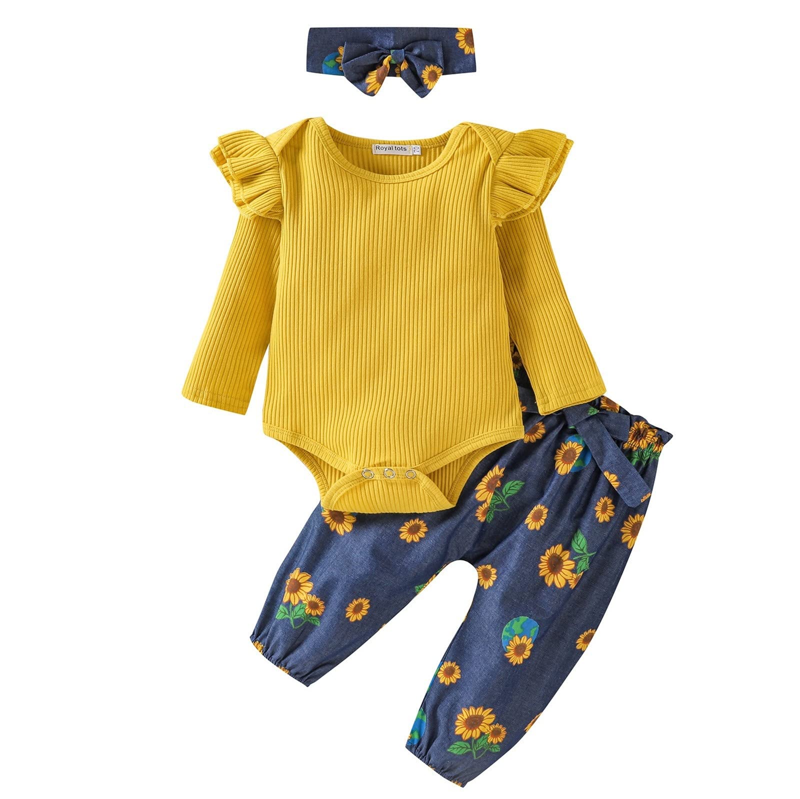 Newborn Baby Girl Outfits - Long Sleeve Ruffled Romper & Printed Pants Set with Headband | Soft Autumn Infant Clothes for Photoshoots, Parties & Daily Wear