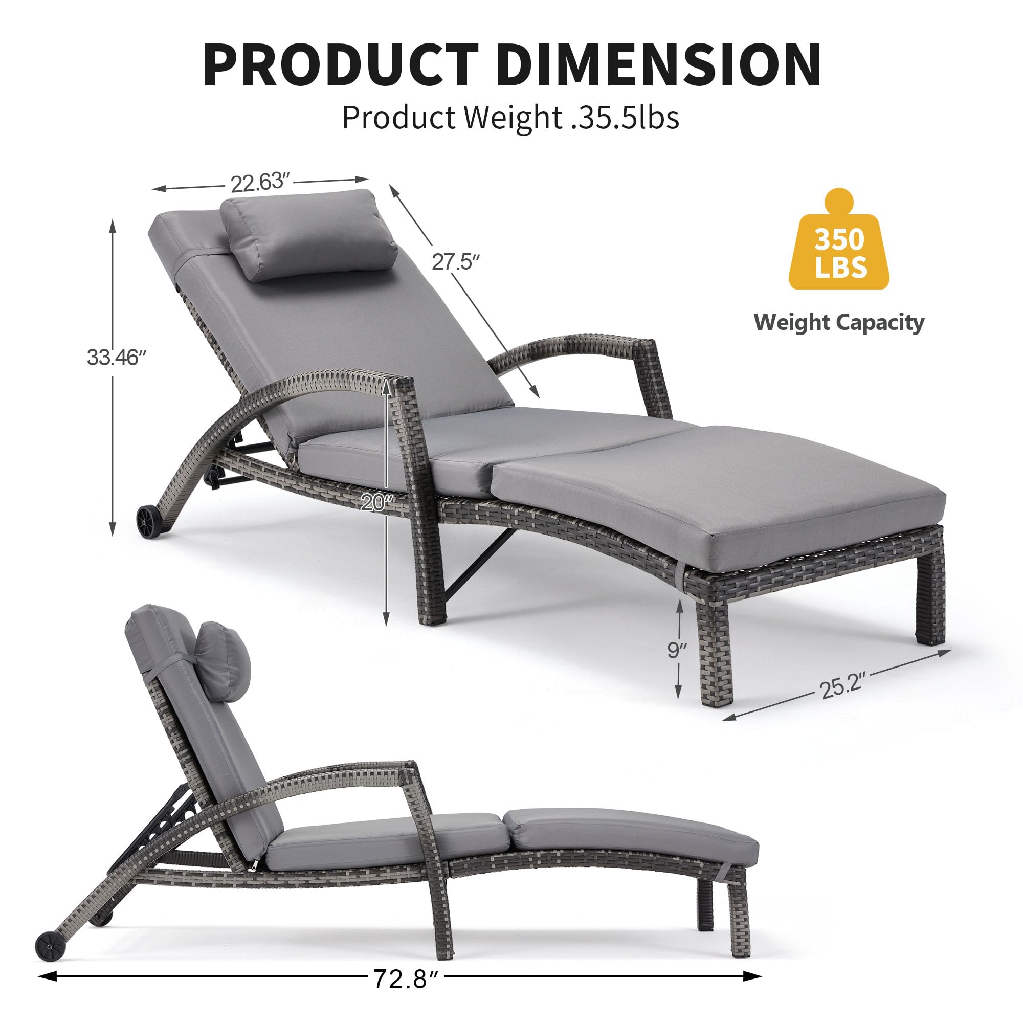 HOMREST 2-Piece PE Rattan Wicker Chaise Lounge Chairs Set with Adjustable 5-Position Recline, Armrests & Wheels - Outdoor Poolside Loungers for Backyard, Deck, Porch - Grey (Perfect for Sunbathing, Relaxing by the Pool or Garden)
