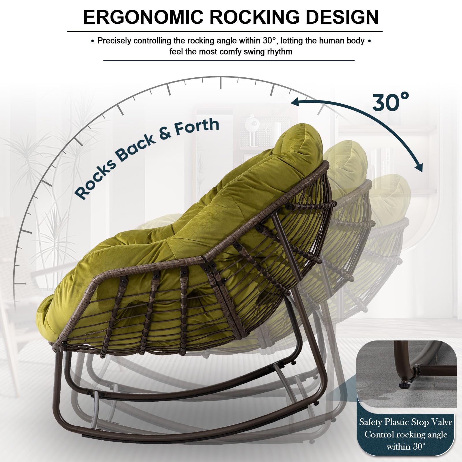 Outdoor Rocking Chair - Oversized Rattan Egg Rocking Chair with Padded Cushion, Modern Patio Lounge Chair for Front Porch, Garden, Backyard, Balcony & Deck - Olive Green - Perfect for Relaxing, Reading & Enjoying Outdoor Spaces