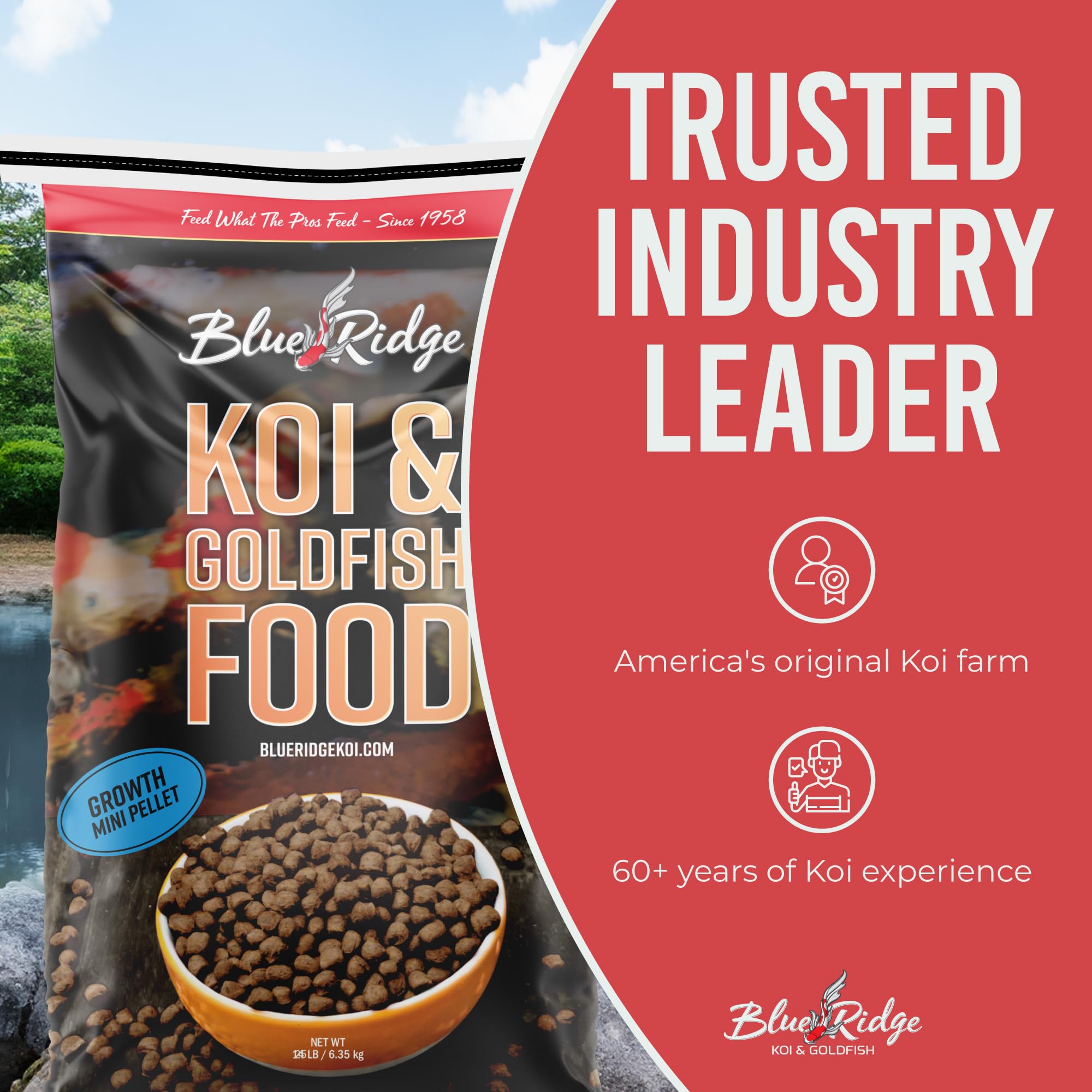 Premium Blue Ridge Koi & Goldfish Food 25lb - Mini Growth Formula Floating Pellets for All Seasons | High Protein Pond Fish Food for Healthy Growth | Ideal for Outdoor Ponds, Water Gardens & Koi Breeding