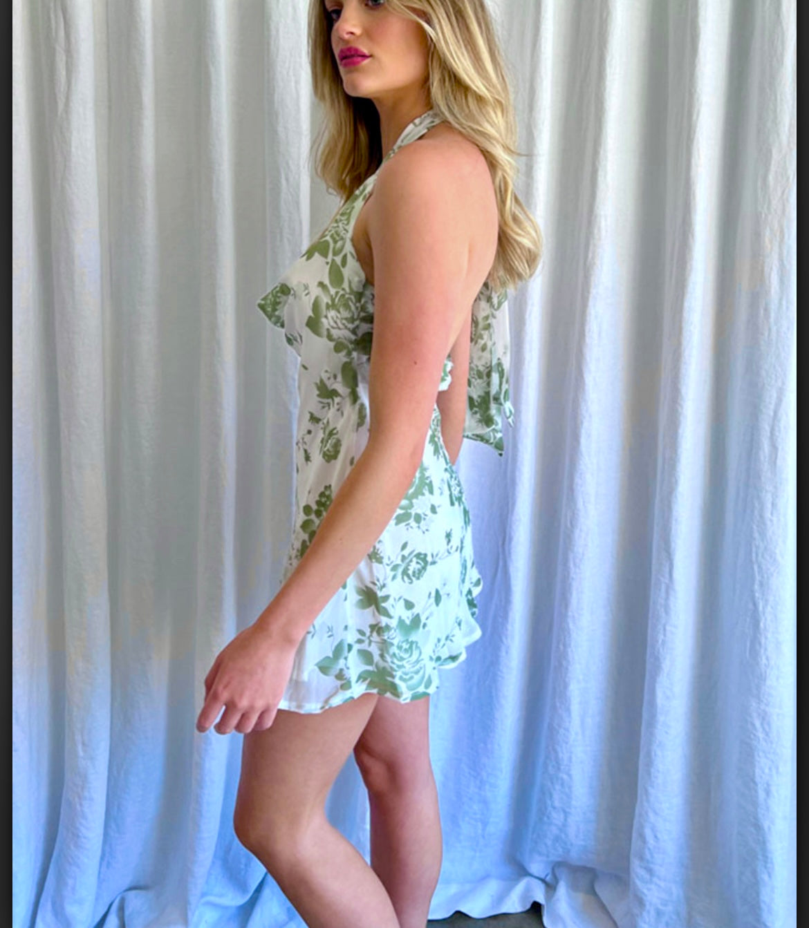 Floral High Cowl Neck Halter Mini Dress - Easy Breezy Summer Outfit in Green & Yellow Floral Print | Perfect for Beach Vacations, Date Nights & Outdoor Parties