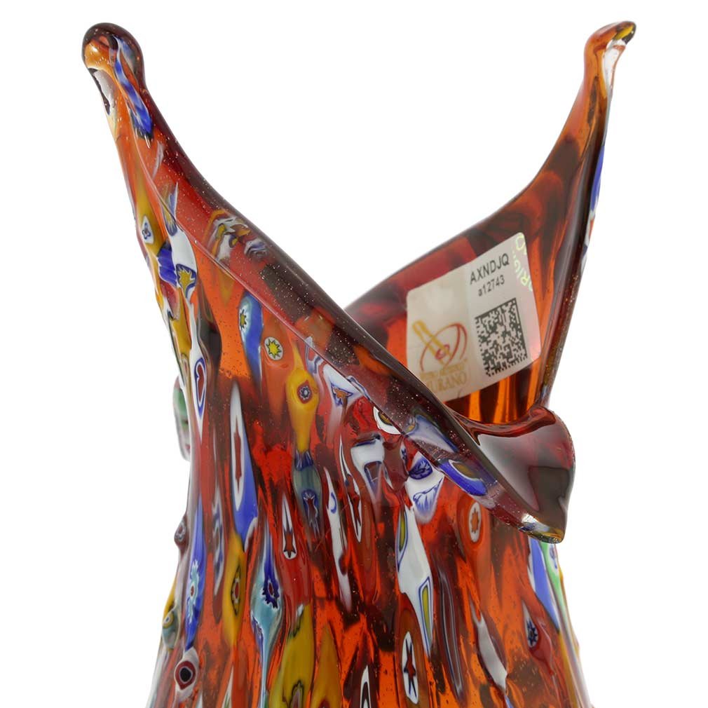 Venetian Murano Glass Millefiori Mosaic Flower Vase - Handcrafted Red Blooming Design | Elegant Home Decor for Living Room, Dining Table & Wedding Centerpieces