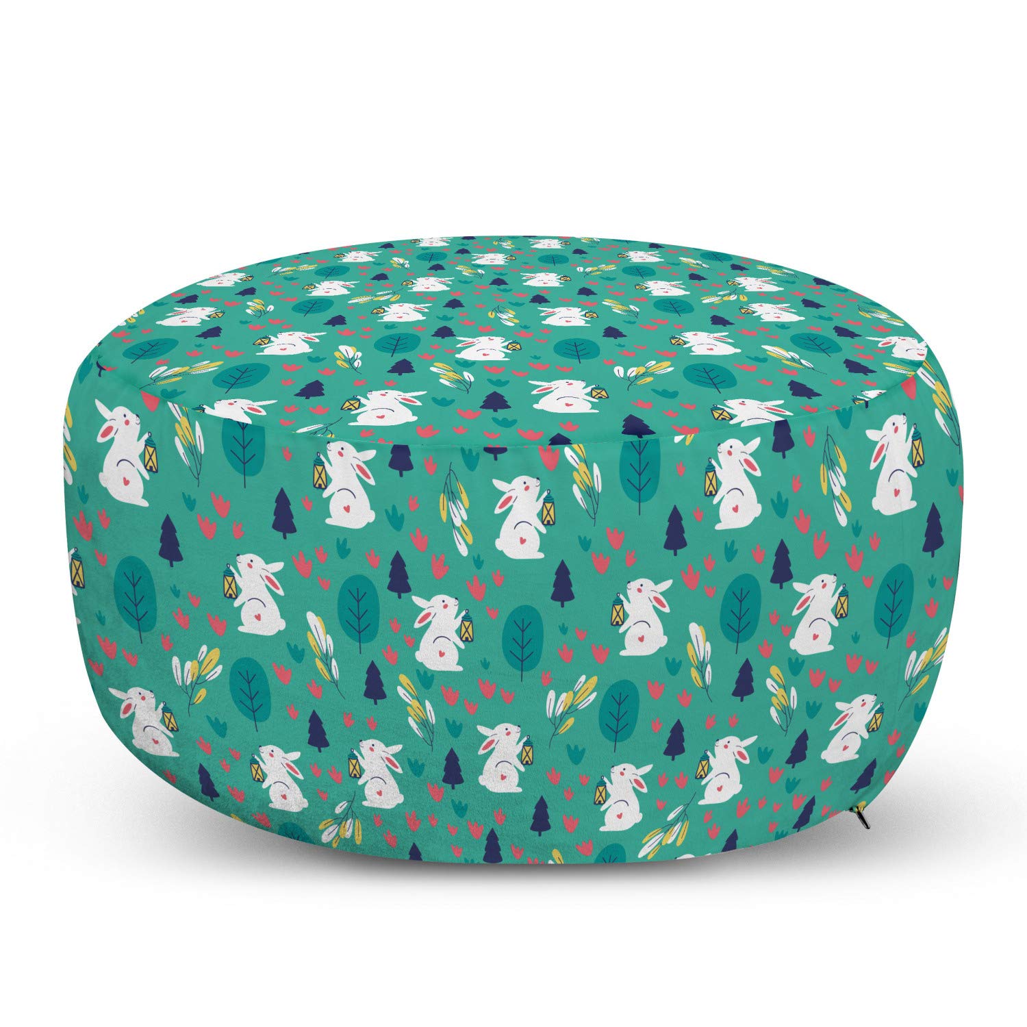 Ambesonne Easter Bunny Ottoman Pouf - Continuous Rabbit Pattern with Small Trees & Flowers - Soft Decorative Foot Rest with Removable Cover - Perfect for Living Room & Bedroom - Dark Seafoam & Dark Indigo - Cozy Home Decor for Easter & Spring Celebrations