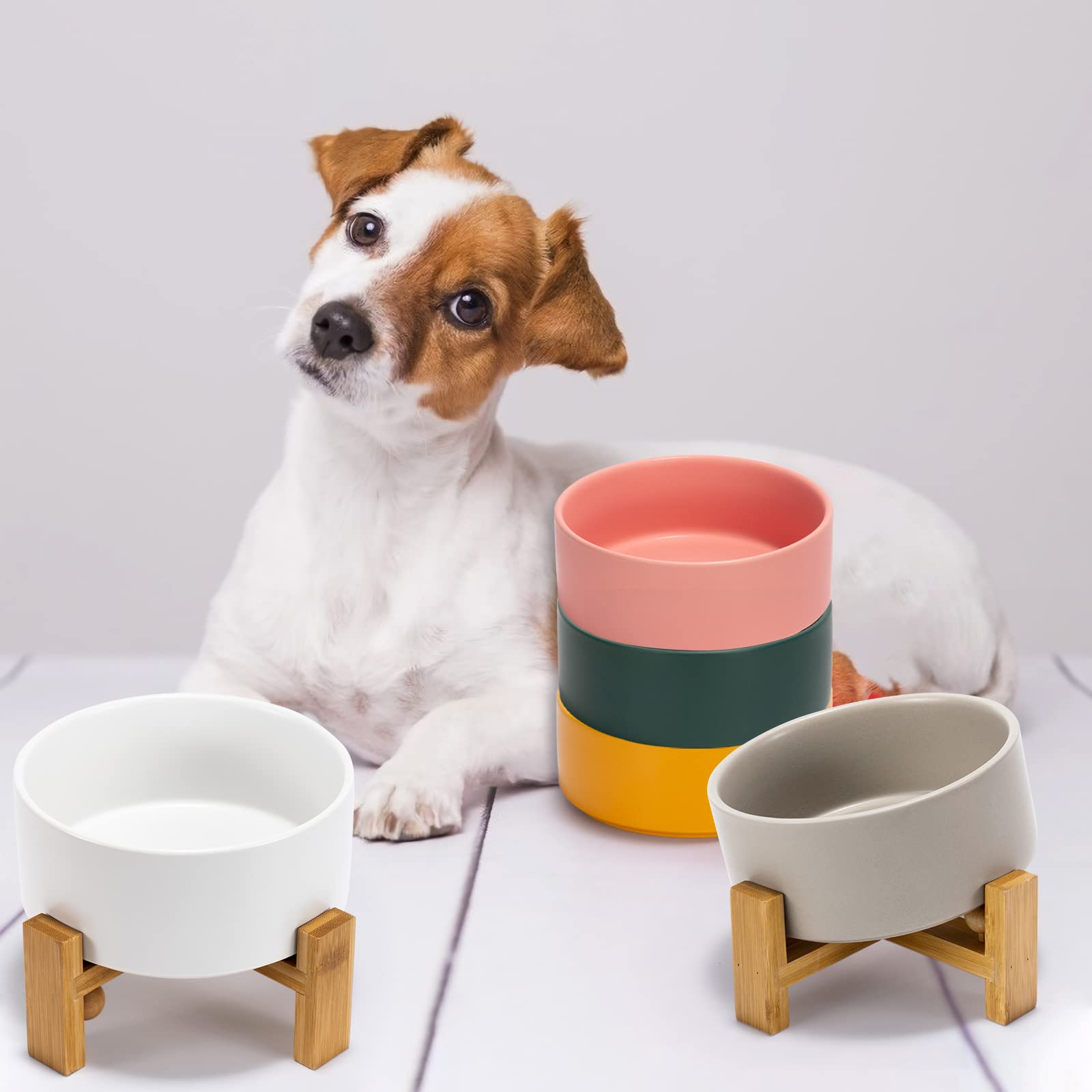 SPUNKYJUNKY 15° Tilted Ceramic Pet Bowl with Wooden Stand - Non-Slip, Non-Spill Dog & Cat Food/Water Dish for Bulldogs, Flat-Faced Breeds (28.7oz/3.6 Cups, White) - Perfect for Messy Eaters & Senior Pets at Home