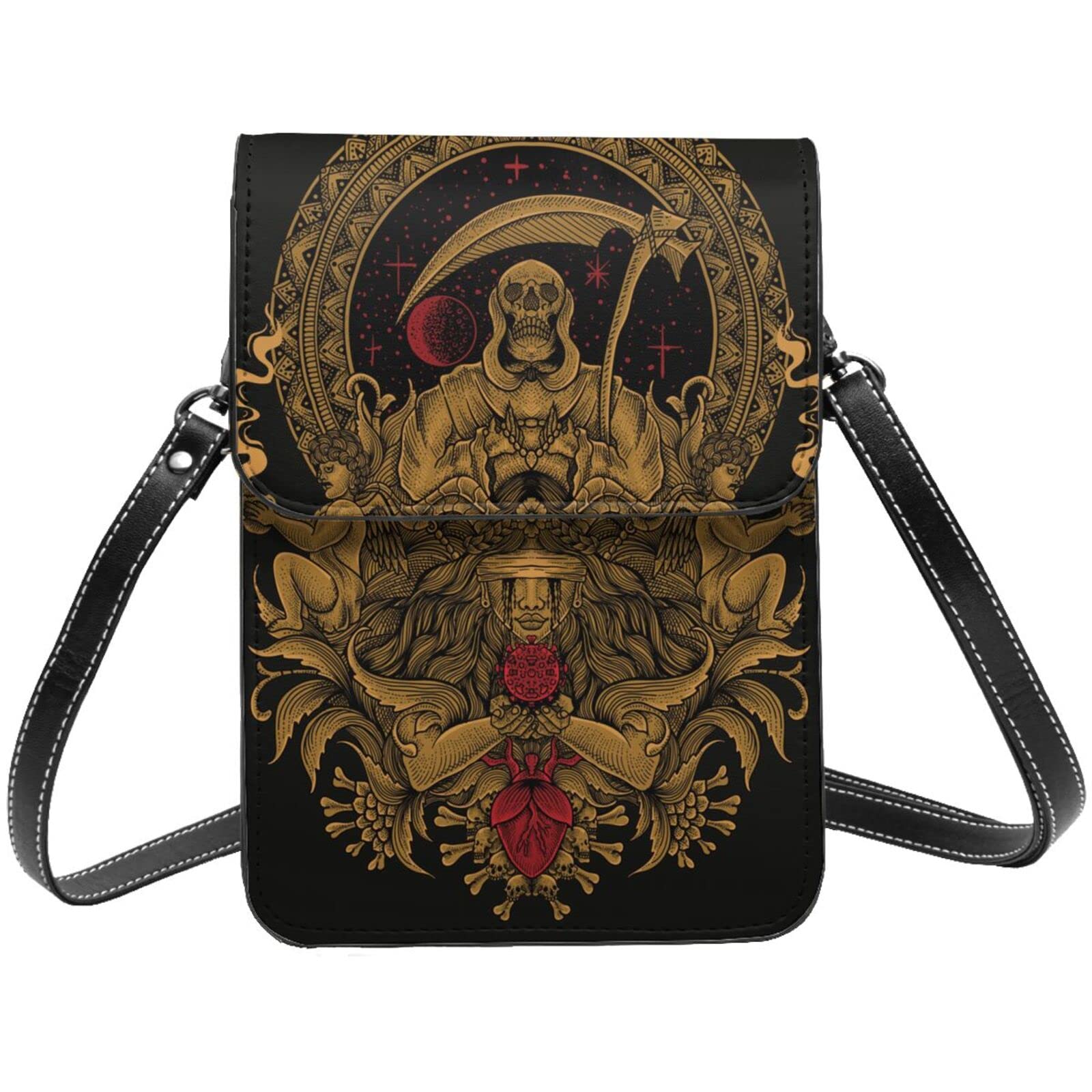 Vintage Grim Reaper Engraved Leather Crossbody Phone Purse for Women - Mini Gothic Cell Phone Bag with Adjustable Strap | Perfect for Halloween, Gothic Fashion & Everyday Use