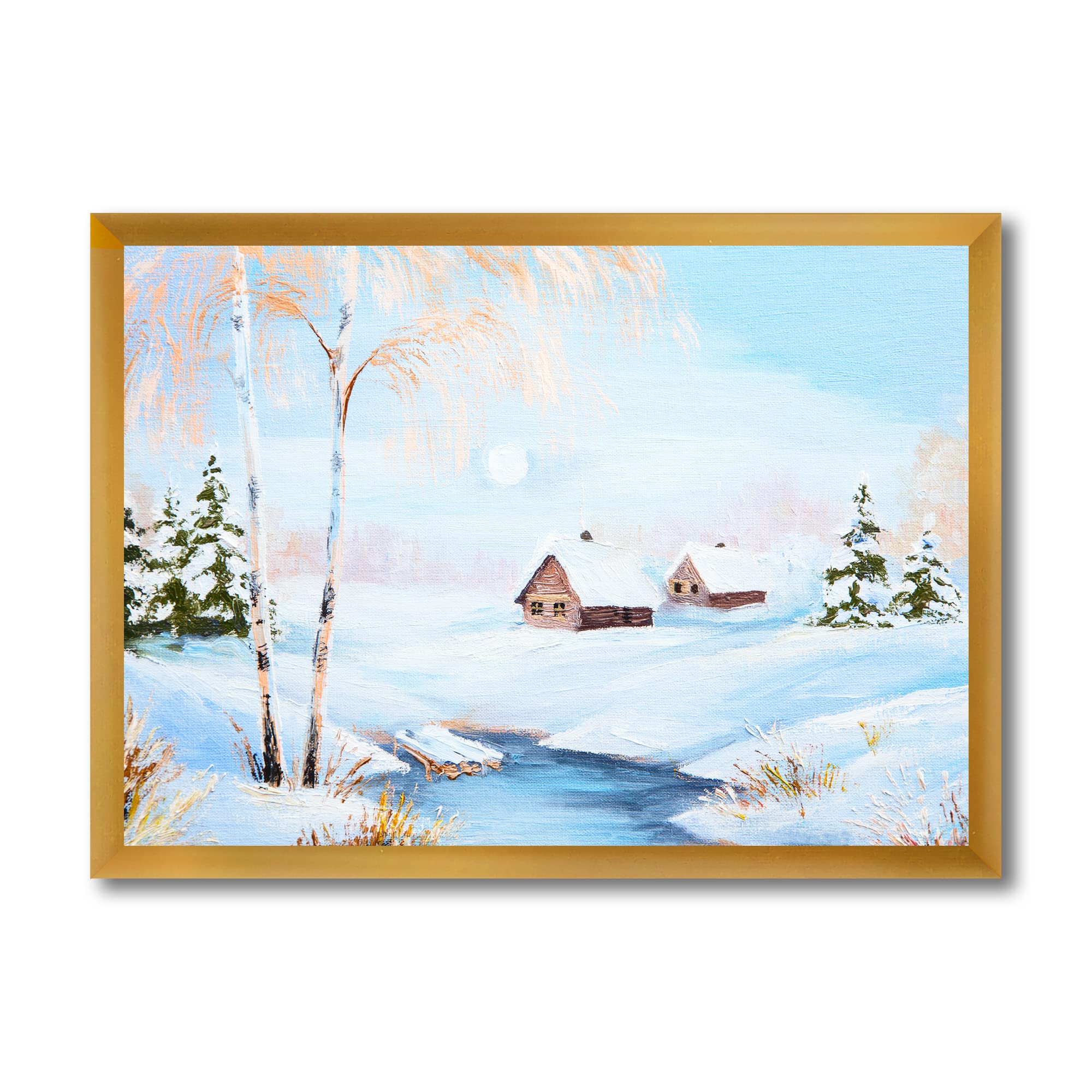 DesignQ Winter Landscape Framed Wall Art - Frozen River in Forest with Lake House - Perfect for Living Room, Bedroom & Office Decor