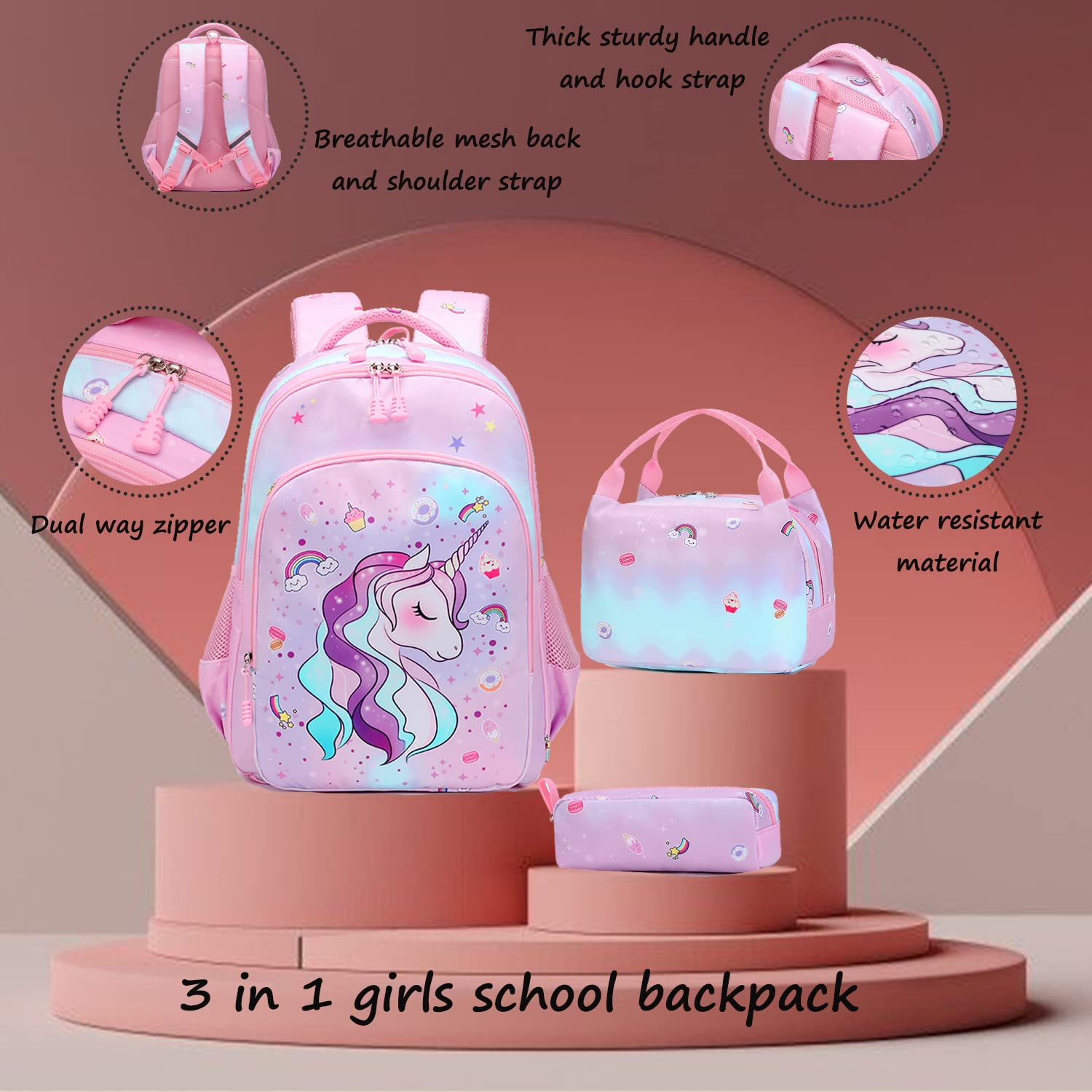 **Cute Unicorn Backpack for Girls - Waterproof School Bookbag with Pencil Case & Lunch Box - Perfect for Elementary, Middle School & Travel - Trendy Unicorn Gifts for Kids**