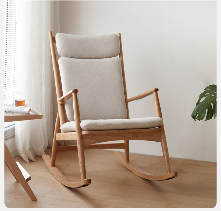 Solid Oak Wood Genuine Leather Rocking Chair - Handcrafted Comfort for Living Room, Nursery & Porch Relaxation