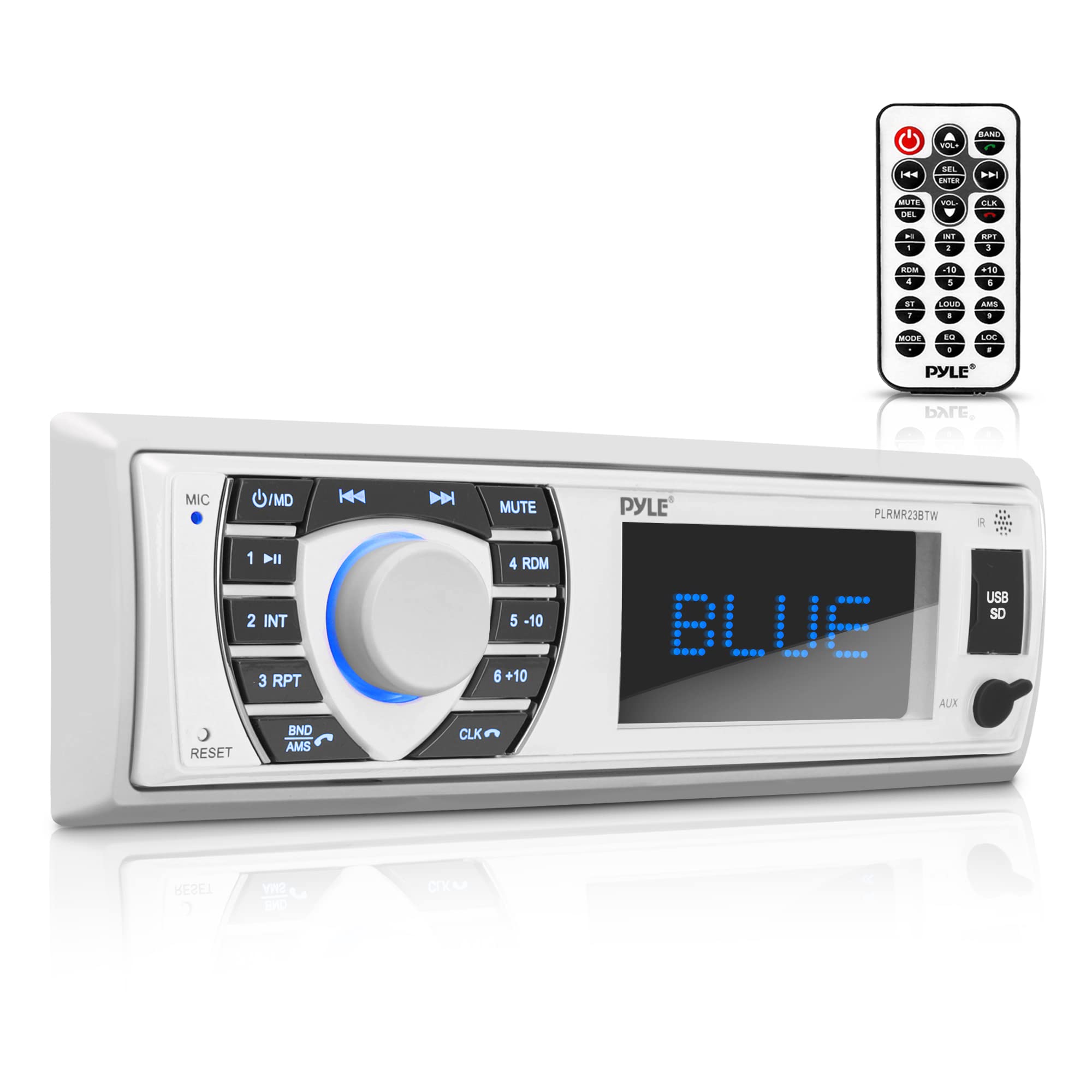 Pyle PLRMR23BTW Bluetooth Marine Stereo Receiver - 12V Single DIN Boat Radio with LCD Display, USB/SD/MP3 Playback, AM/FM Radio, RCA Output & Remote Control - Perfect for Boats, Yachts & Marine Vehicles - White