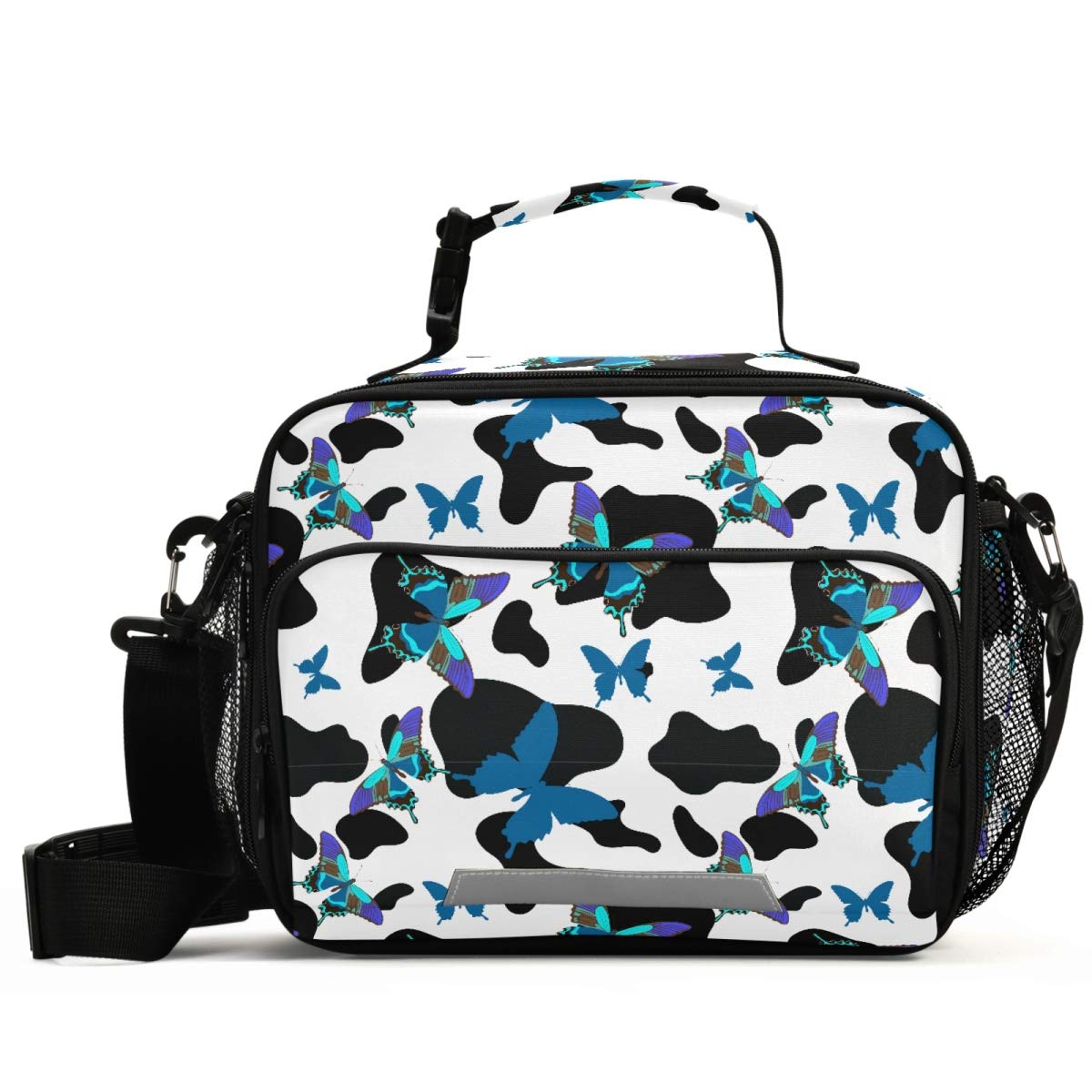 MNSRUU Insulated Lunch Bag for School, Work & Picnic - Black and White Cowhide Design with Butterflies, Adjustable Shoulder Strap, Leakproof Lunch Tote for Teens, Kids & Adults - Perfect for Office, College, Hiking and Outdoor Activities