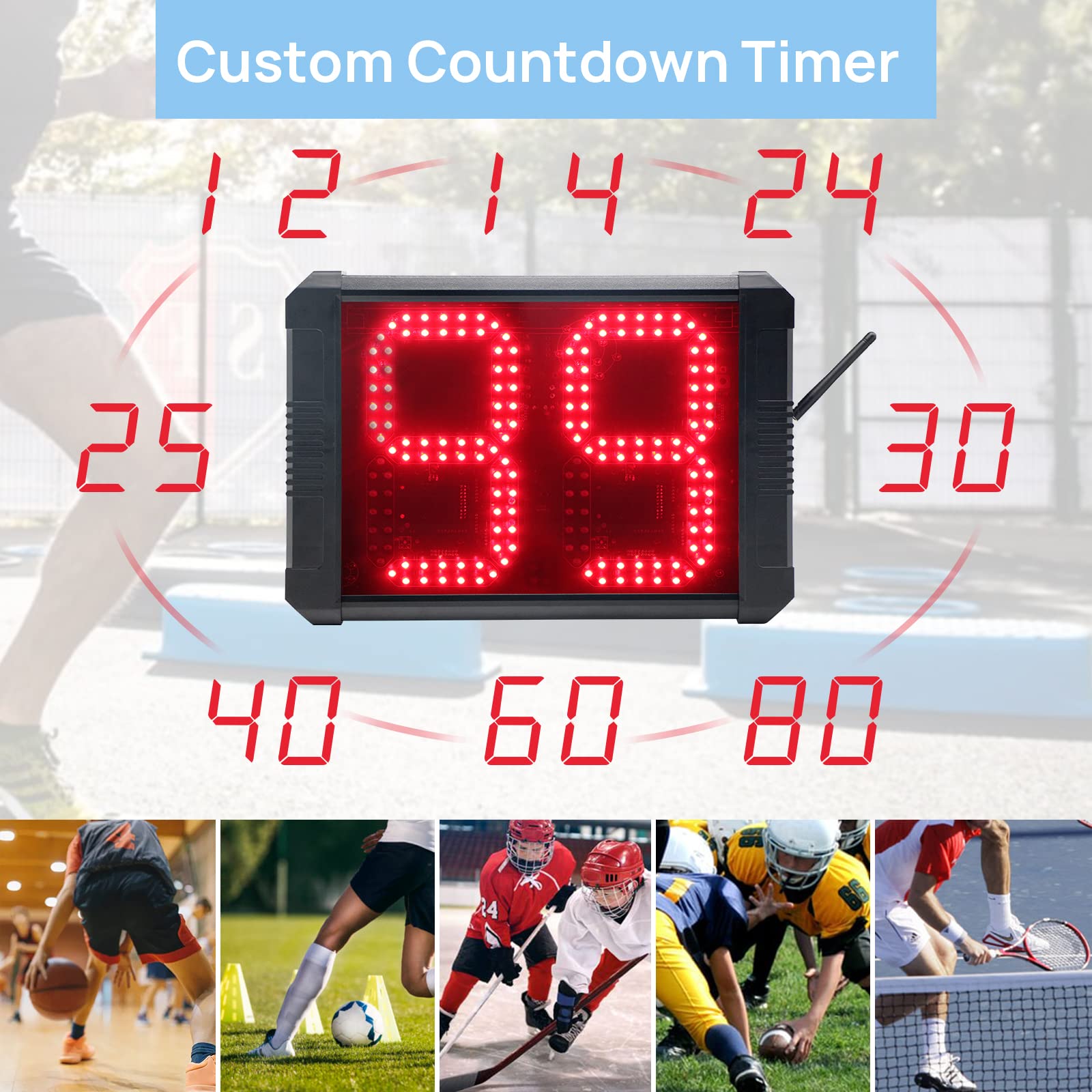 Basketball Shot Clock Timer - 12/24/25/30/35/40/60 Seconds Digital Countdown Timer with Loud Buzzer - Portable Sports Timer for Basketball, Volleyball, Soccer & Training Drills - Perfect for Coaches, Gyms & School Sports