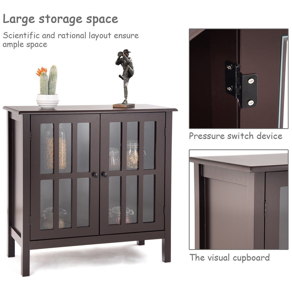 Brown Glass Door Storage Buffet Cabinet - Sideboard Console Table for Kitchen & Dining Room - Perfect for Displaying China, Serving Food, and Organizing Dining Essentials
