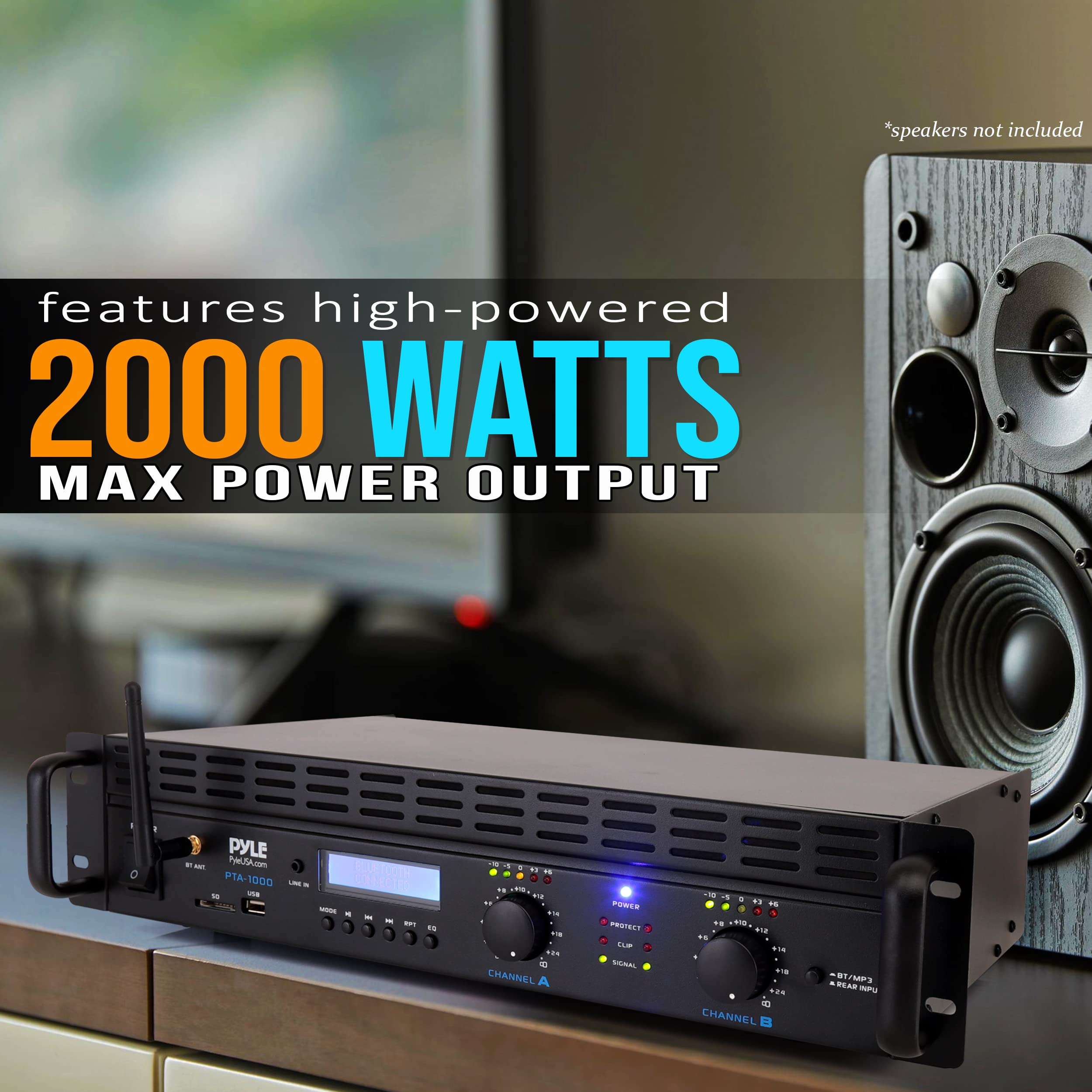 PyleUSA 2-Channel Bluetooth Power Amplifier 2000W - Professional Rack Mount Audio Amplifier with Wireless Stereo Receiver, TRS XLR Inputs, LCD Display, Bridge Mode & Cooling Fan - Perfect for Home Theater, DJ Setup, Live Sound & Entertainment Systems