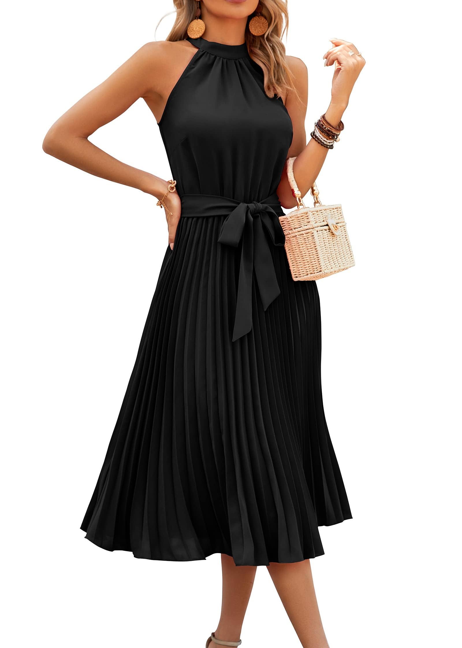 KIRUNDO Women's 2025 Summer Sleeveless Halter Neck Pleated Midi Cocktail Dress with Belt | A-Line Flowy Beach Sun Dress for Pool Party, Vacation & Evening Out