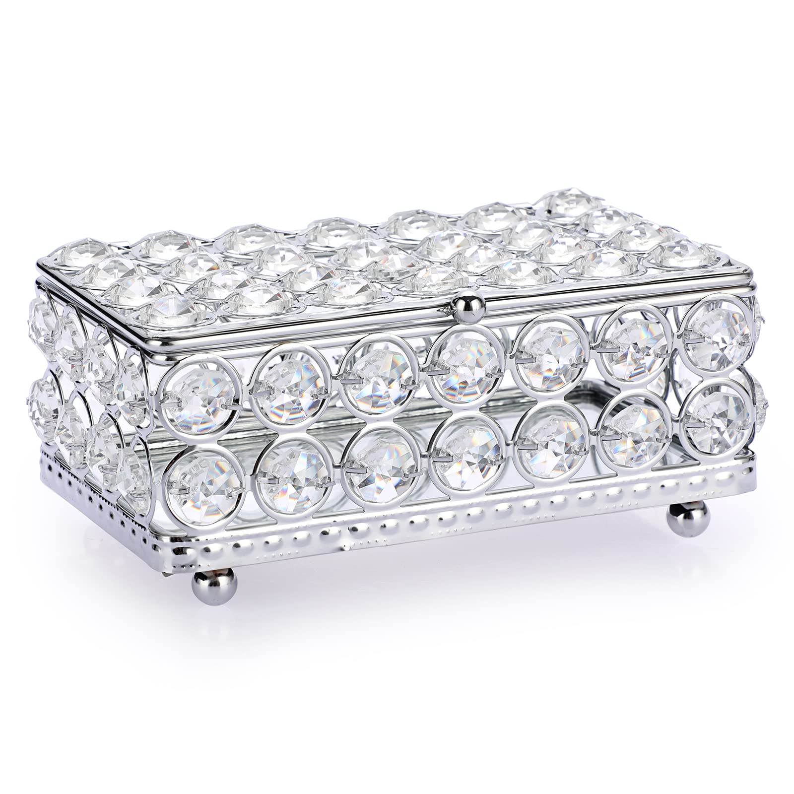 ELLDOO Silver Small Crystal Jewelry Box with Lid - Rectangle Trinket Organizer for Earrings, Rings & Treasures - Elegant Home Decor Accent for Valentine's Day, Wedding, Christmas & Birthday Gifts - Perfect for Dresser, Vanity & Gift Giving