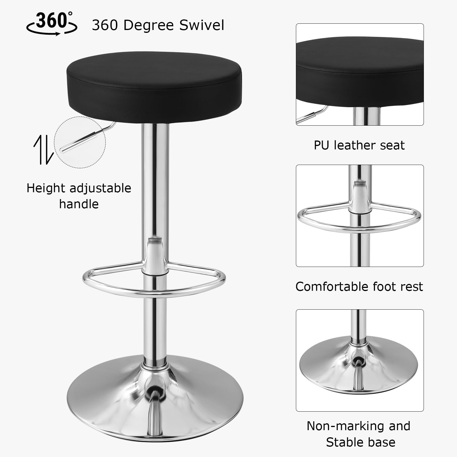 WATERJOY Adjustable Round Bar Stools Set of 2, PU Seat Swivel Bar Stool with Footrest - Modern Kitchen Island & Home Bar Seating for Dining & Entertainment