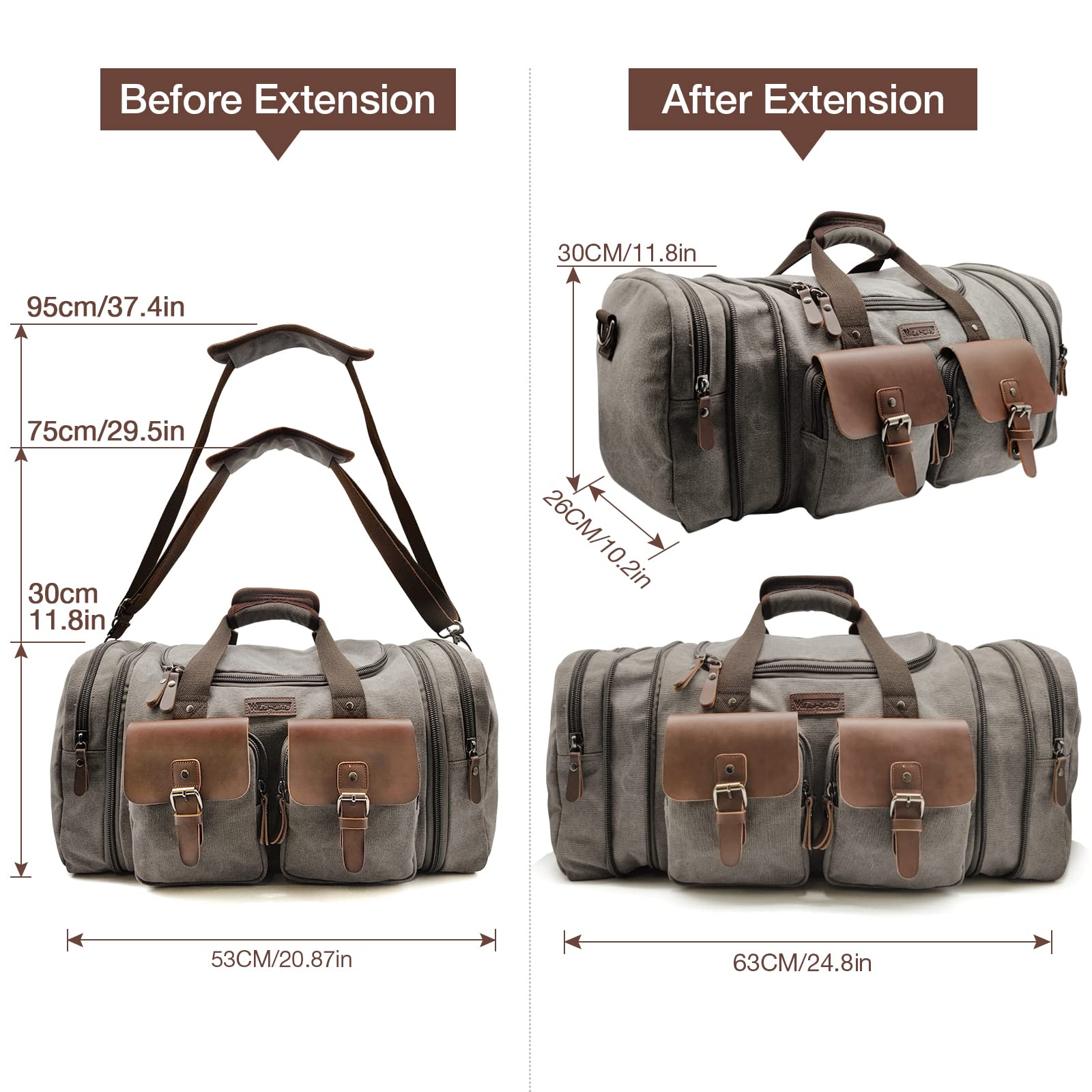 Wildroad 50L Expandable Travel Duffel Bag - Waterproof Canvas & Genuine Leather Weekender Carry On Bag for Men & Women - Perfect for Overnight Trips, Gym, Camping & Business Travel