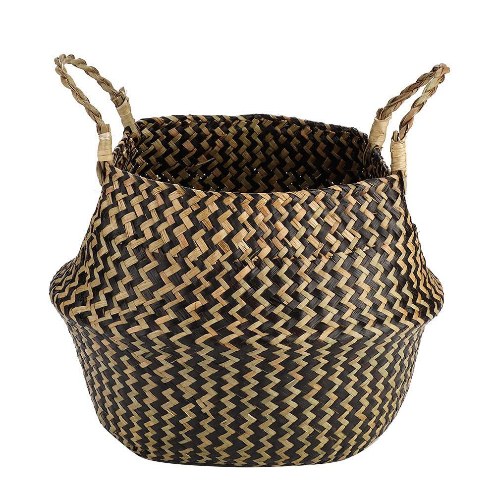Alvinlite Hand-Woven Foldable Storage Baskets - Eco-Friendly Seagrass & Seaweed Woven Organizer for Clothes, Toys, Blankets & Plant Pots (Black) | Perfect for Home, Nursery & Office Organization