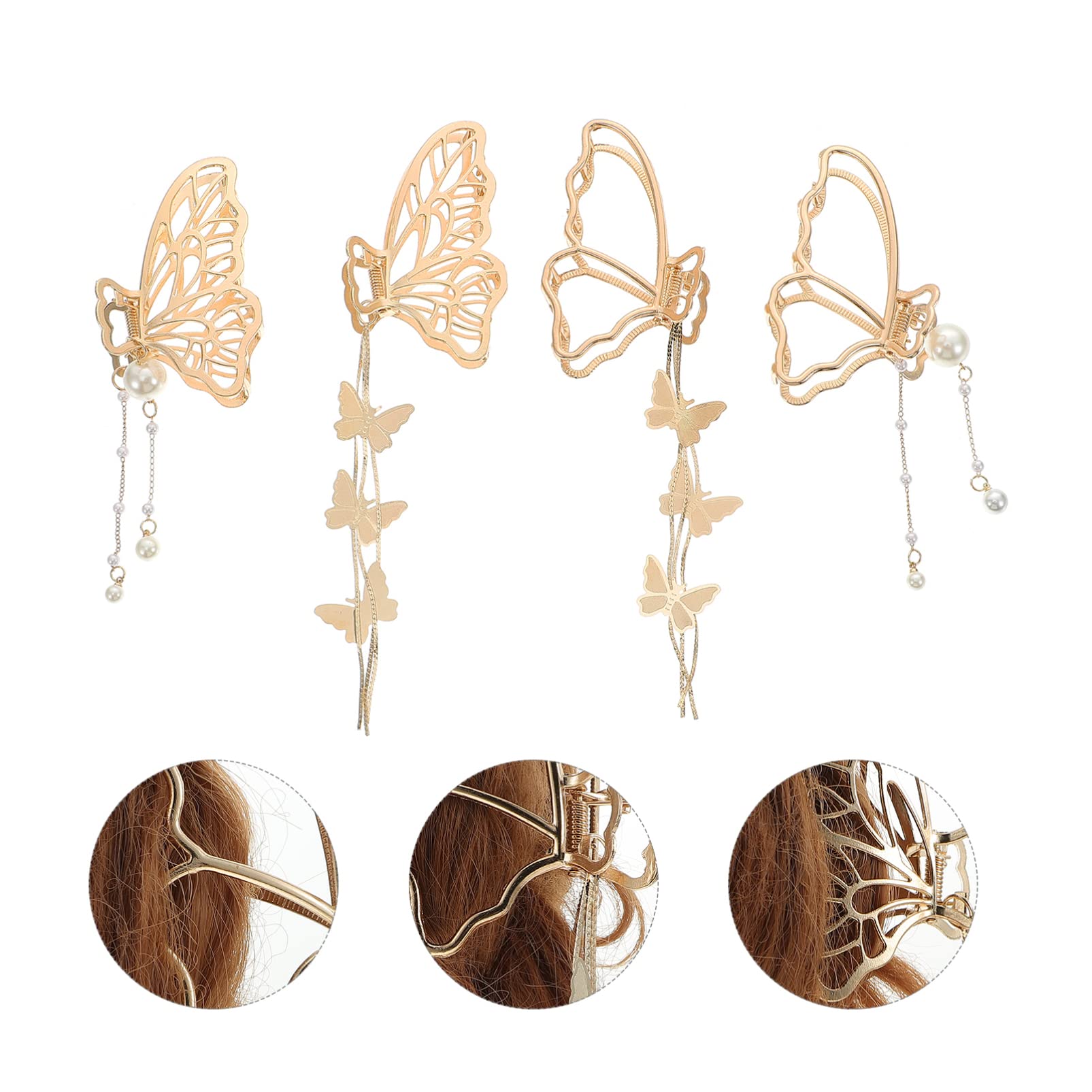 4pcs Butterfly Pendant Hair Clips for Women - Gold Metal Hair Claw Clips with Non-Slip Grip, Alloy Hair Accessories for Party, Wedding, and Everyday Use