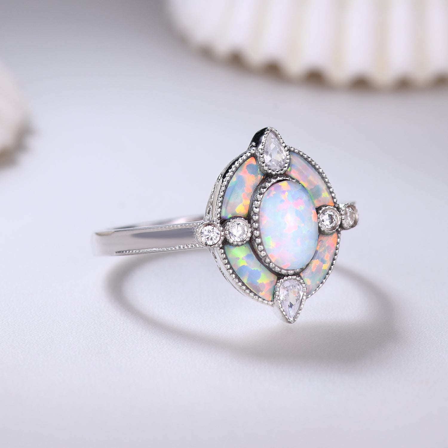 Antique White Opal Halo Engagement Ring - Vintage Oval Cut Cocktail Ring with October Birthstone - Perfect for Proposals, Anniversaries & Special Occasions