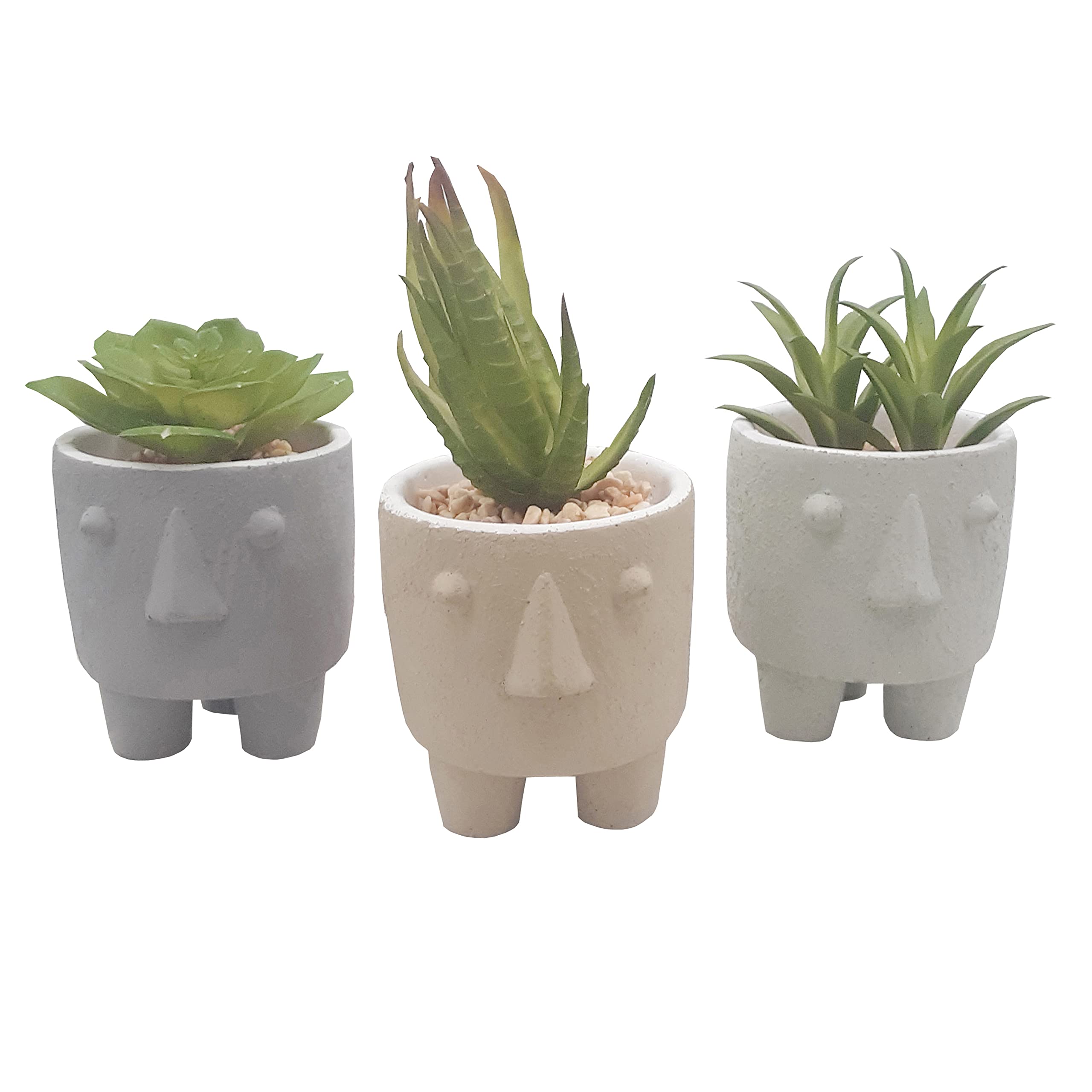Admired By Nature ABN5E179-GNMIX Cute Face Planter Pot Set of 3 - Fiber Cement Human Face Succulent & Cactus Planter - 3.25 Inch Small Indoor & Outdoor Garden Decor for Home, Office, Balcony, Patio
