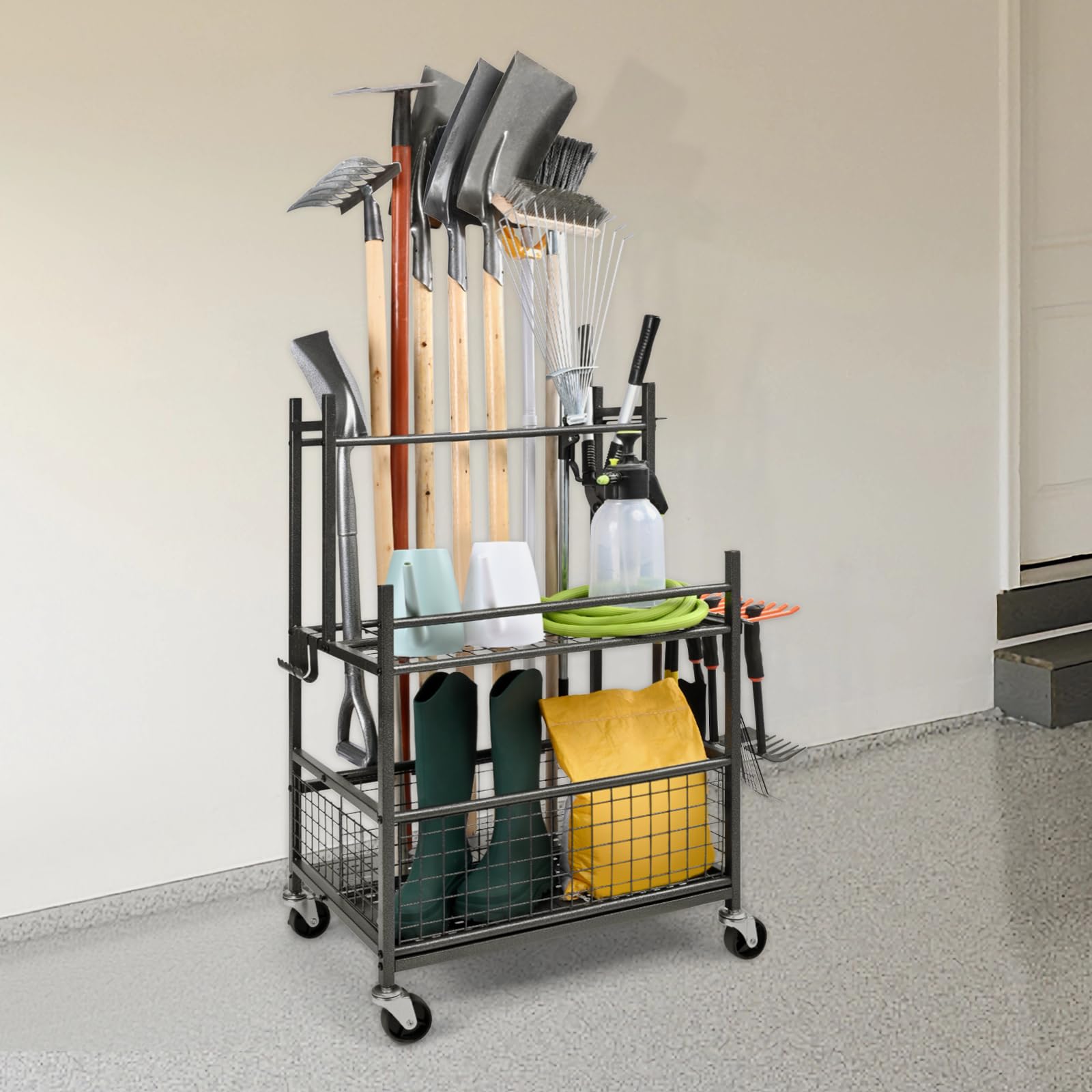VEVOR 16-Slot Garden Tool Organizer with Hooks & Wheels - Heavy Duty Metal Yard Tool Tower Rack for Garage, Shed & Outdoor Storage - Perfect for Long-Handled Tools, Rakes & Brooms - Ideal for Home, Farm and Garden Organization