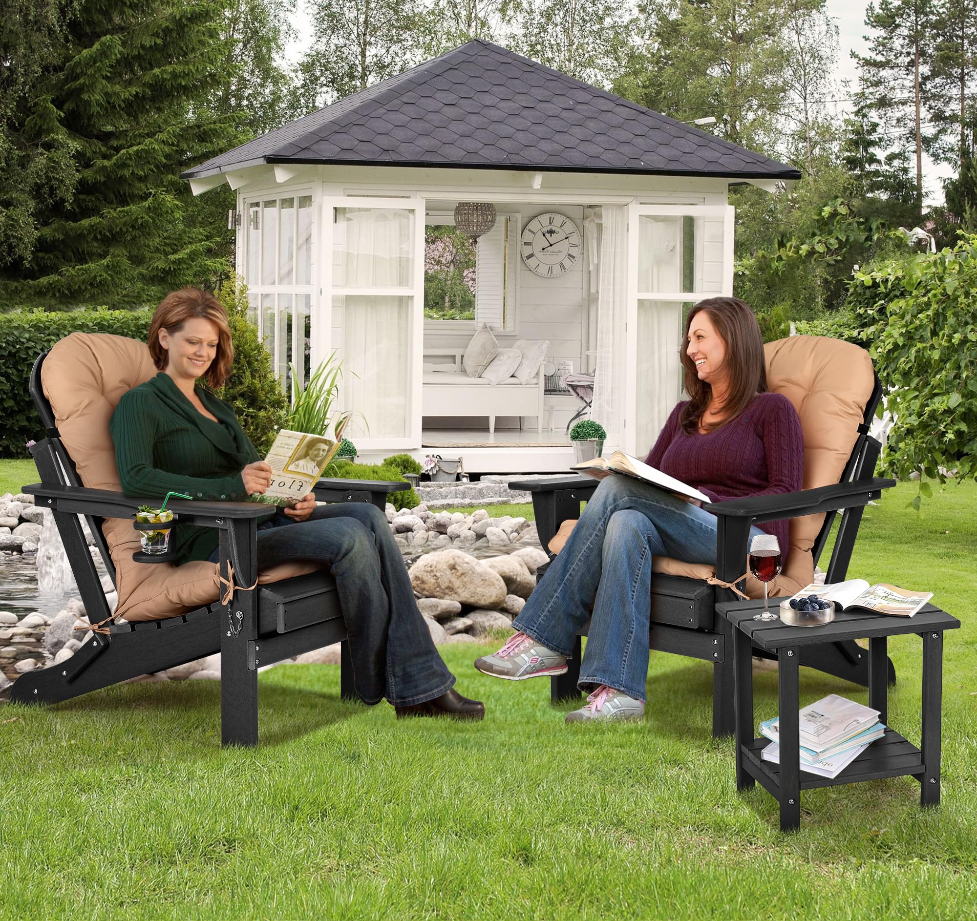 Nalone Folding Adirondack Chair with Cushion & Cup Holder - HDPE Plastic Oversized Weather-Resistant Outdoor Patio Chair for Deck, Garden, Fire Pit, Camping & Backyard Relaxation (Black)