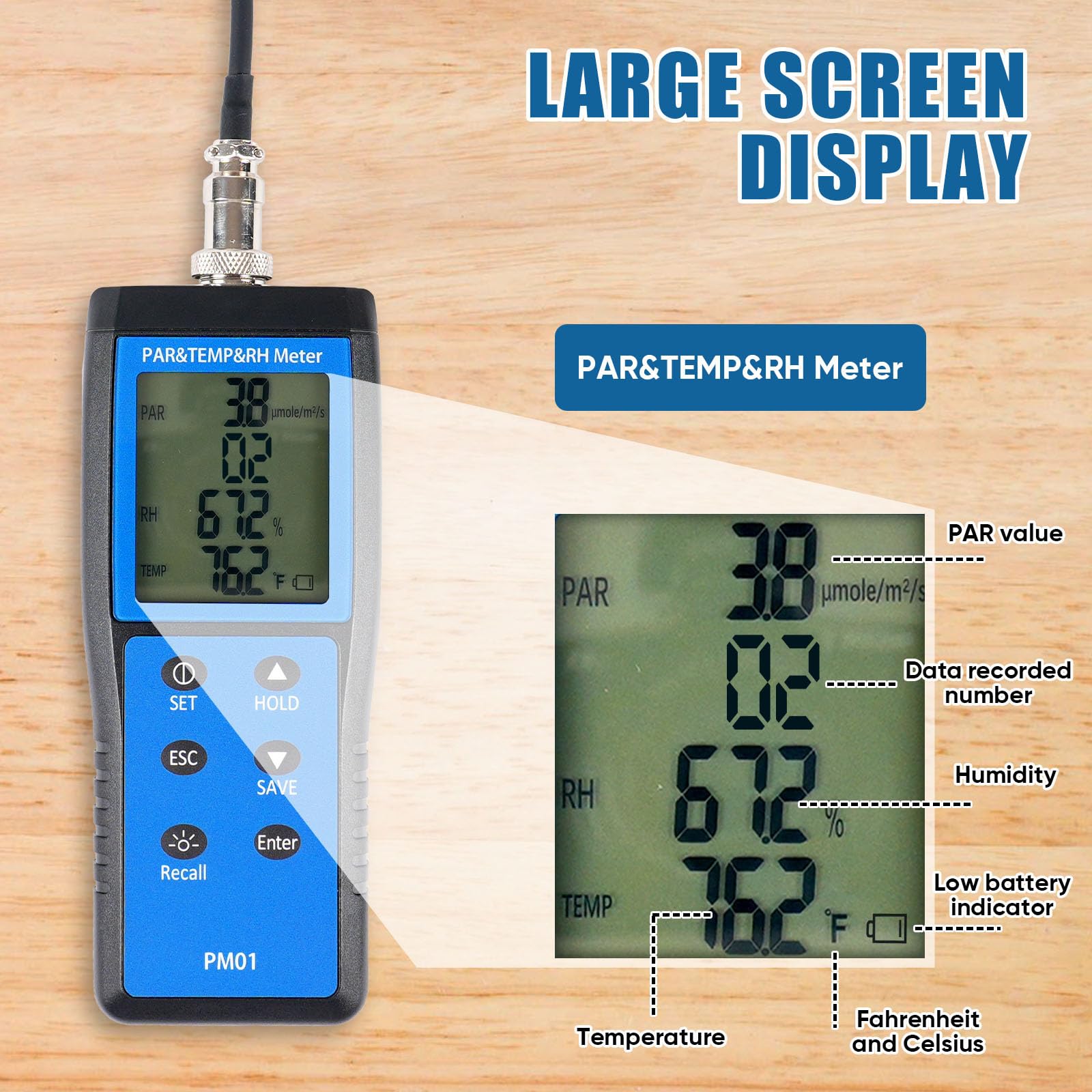 Quantum PAR Meter for LED Grow Lights - 400-700nm Wavelength Range with Temperature & Humidity Display | PPFD Meter with 36