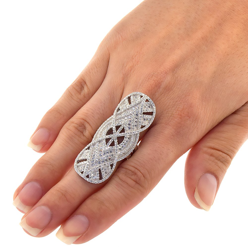 Sterling Silver Cubic Zirconia Infinity Ring - Micro Pave Design, 2 Inch Long, Size 6-9 | Elegant Stackable Ring for Women, Perfect for Anniversary, Wedding, or Everyday Wear