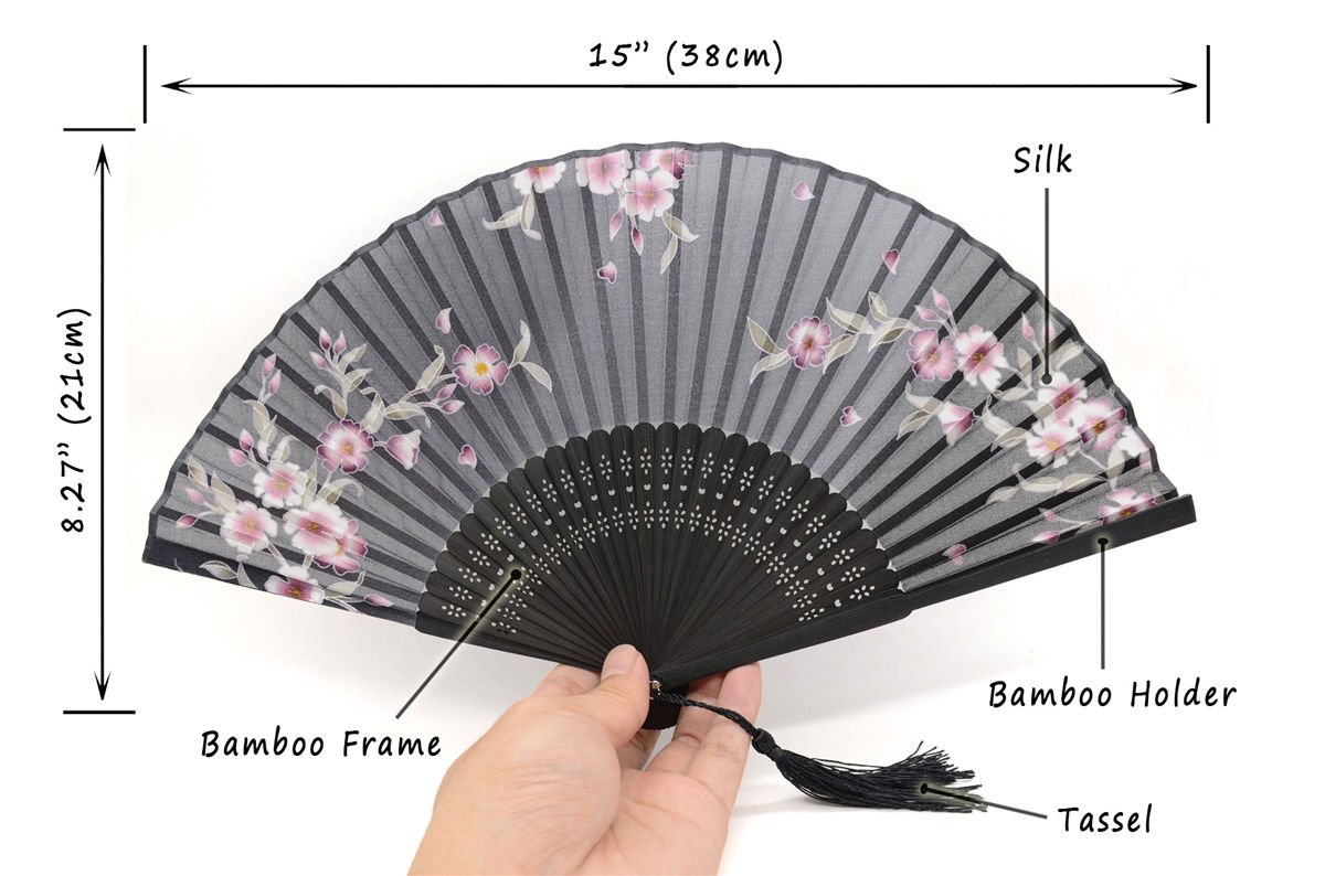 OMyTea Handmade Silk Folding Fan with Bamboo Frame - Vintage Chinese/Japanese Style Handheld Fan for Women - Gift Ready with Protective Fabric Sleeve - Perfect for Weddings, Cosplay & Summer Cooling (Black)
