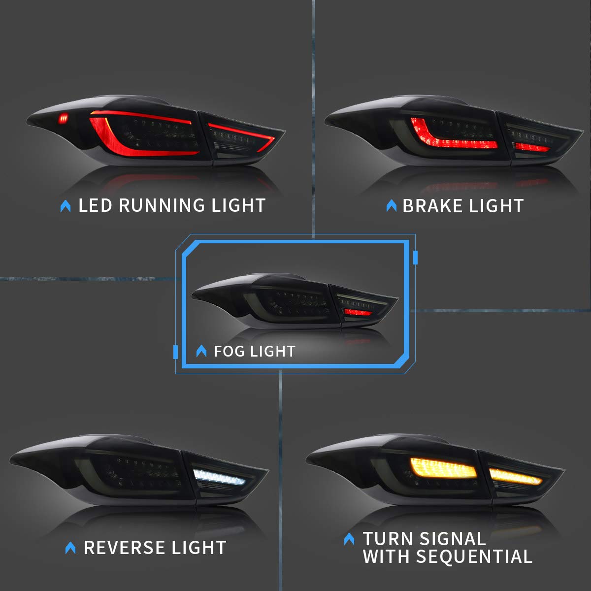 VLAND LED Tail Lights for Hyundai Elantra 2012-2016 Sedan & Coupe 2013-2014 - Amber Sequential Turn Signal, Smoke Tinted Rear Light Assembly (Pair) - Upgrade Your Car's Style & Safety for Night Driving