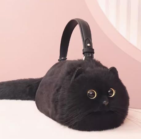 2024 Trendy Tiny Heart Black Cat Plush Handbag - 12.2cm/31cm Cute Black Cat Shoulder Purse for Girls & Women | Perfect for Cosplay, Anime Conventions & Kawaii Fashion Accessories (Black)