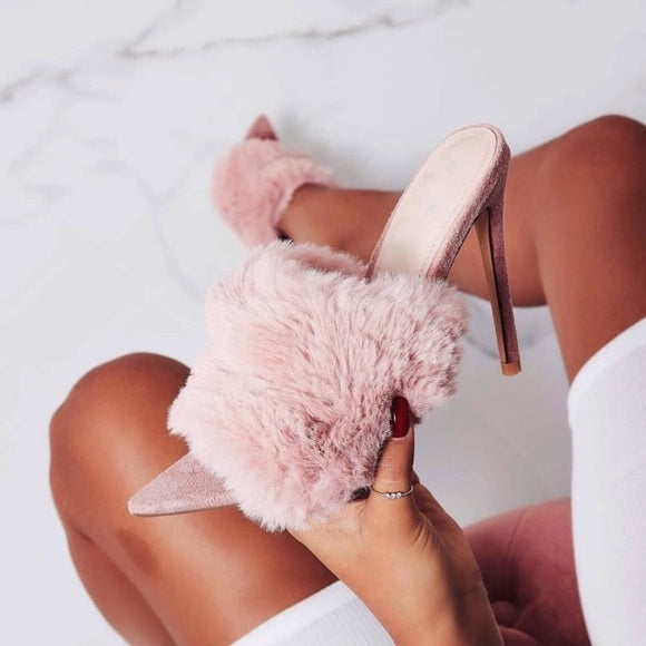Penelope Women's Fur Stiletto Mules - Soft Faux Fur Slide-On Heels for Comfortable Indoor/Outdoor Wear - Perfect for Parties, Date Nights & Office Fashion