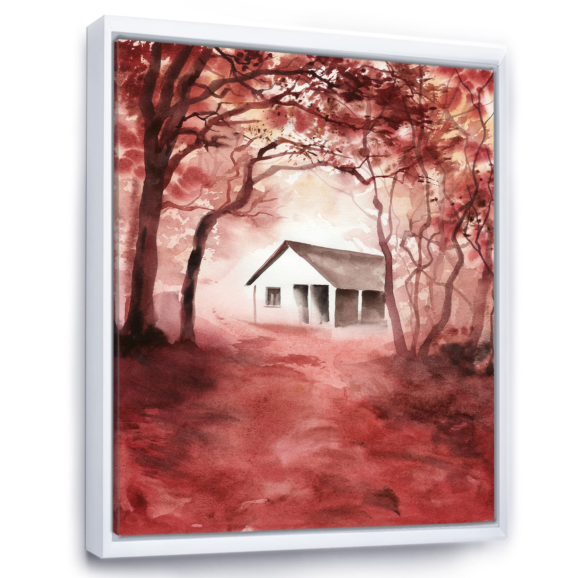 DesignQ House In Red Autumn Woods - Rustic Cabin & Lodge Framed Canvas Wall Art Print for Living Room, Bedroom, or Office Decor
