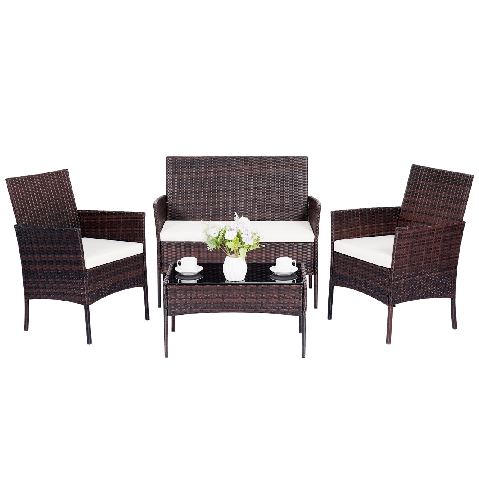 4-Piece Patio Furniture Set with Thick Cushions - Outdoor Wicker Sectional Sofa, Table & Chairs for Backyard, Garden, Poolside or Porch | Durable Brown Rattan Conversation Set for Relaxing & Entertaining