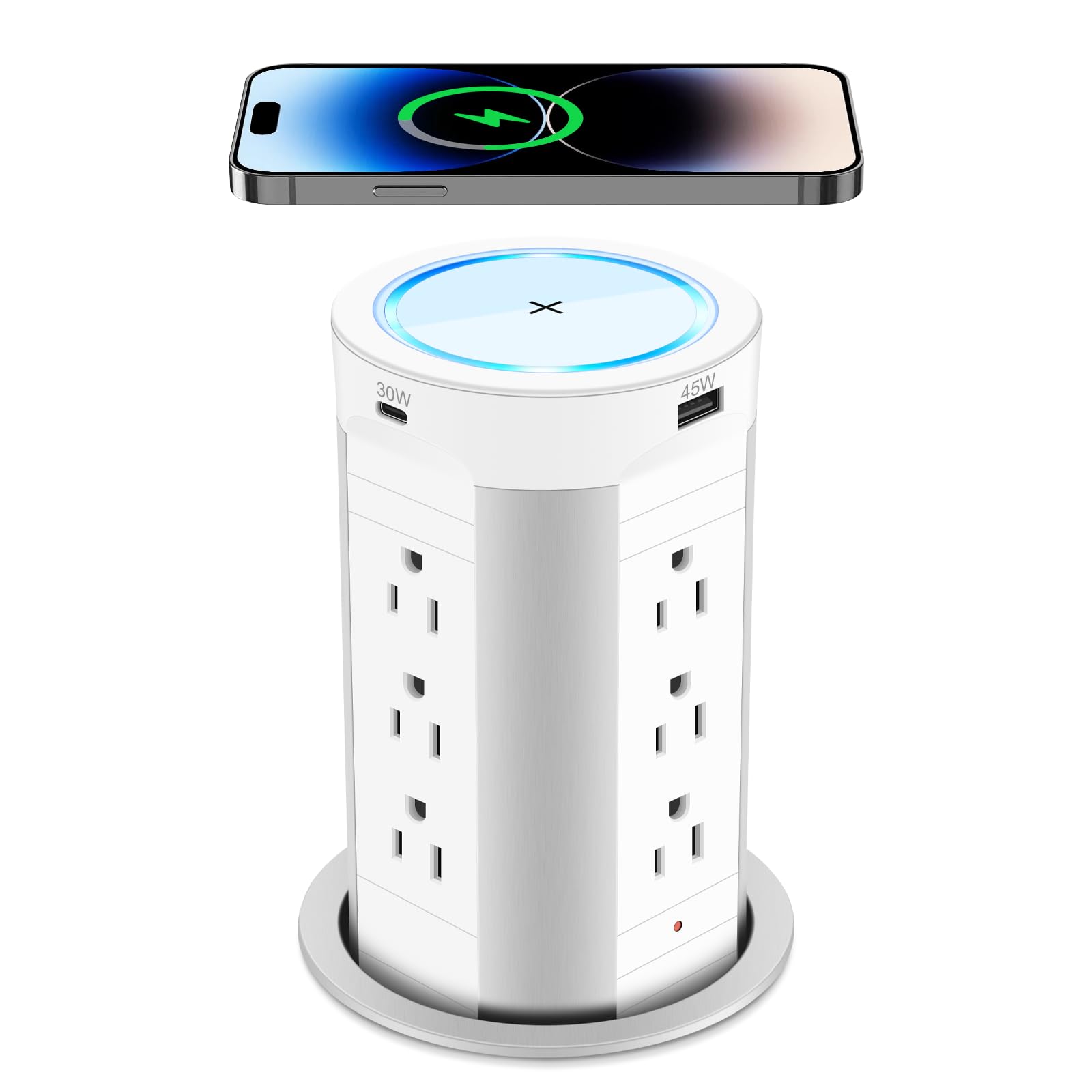 HEZI 4-inch Pop Up Countertop Outlet with 15W Wireless Charger | 45W Power Delivery | 2 USB-A & 2 USB-C Ports | 12 AC Outlets | Tamper Resistant 15A | for Home Office Kitchen Counter Island | Perfect for Charging Phones, Laptops & Small Appliances