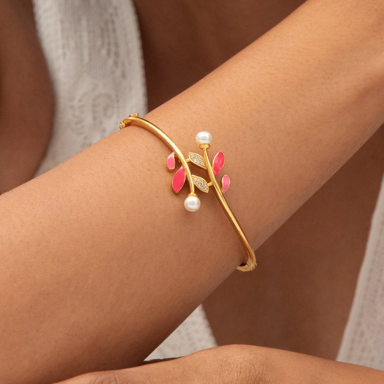 Elegant Eriha Pearl & CZ Pink Leaf Cuff Bracelet for Women | Fashion Jewelry Gift for Birthday, Anniversary & Special Occasions | Perfect for Parties, Weddings & Date Nights