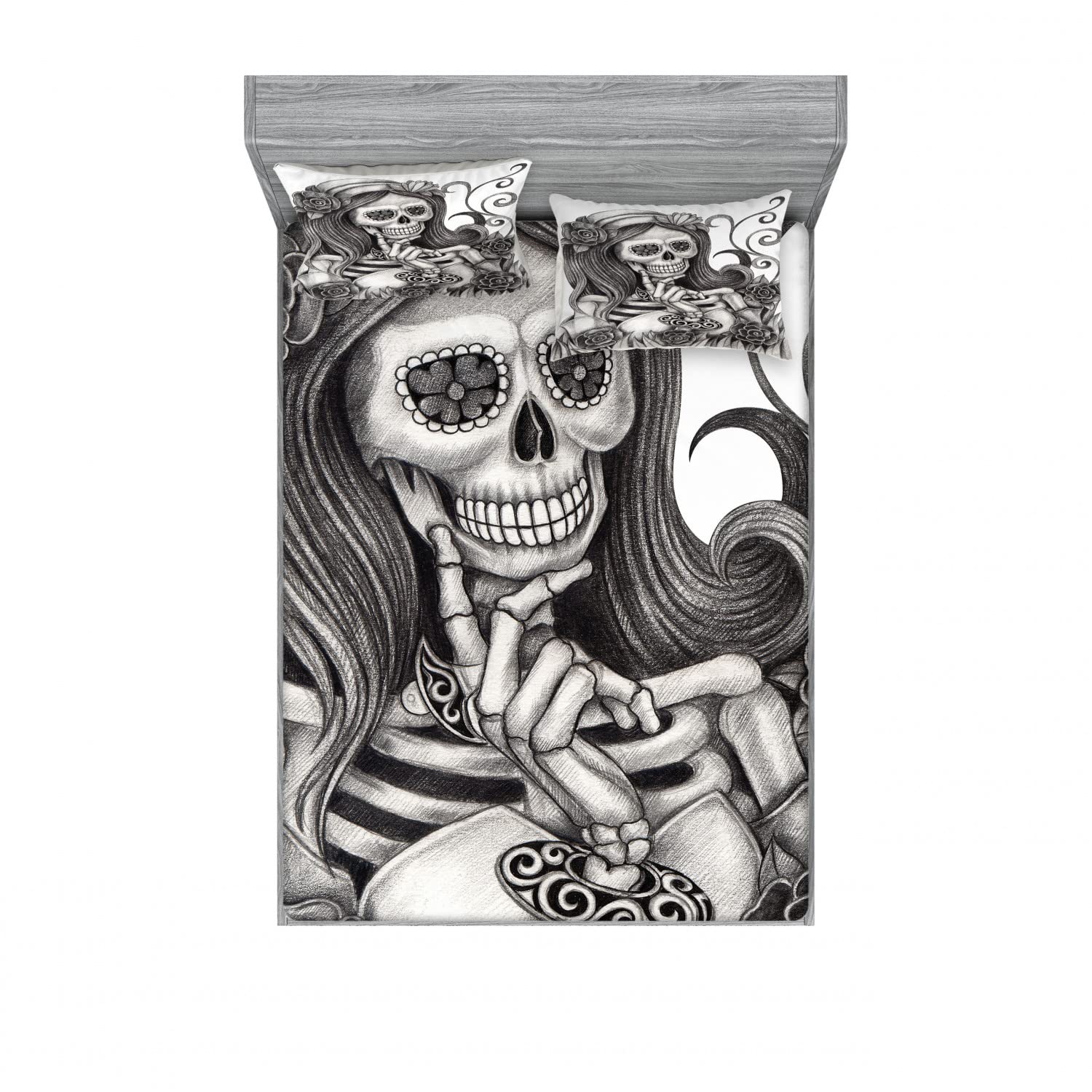 Gothic Skull Print 2-Pack King Size Fitted Sheet & 4 Pillow Sham Set - Bonehead Design White & Grey Bedding Decor for Halloween, Gothic Bedroom, or Alternative Style Home Decor