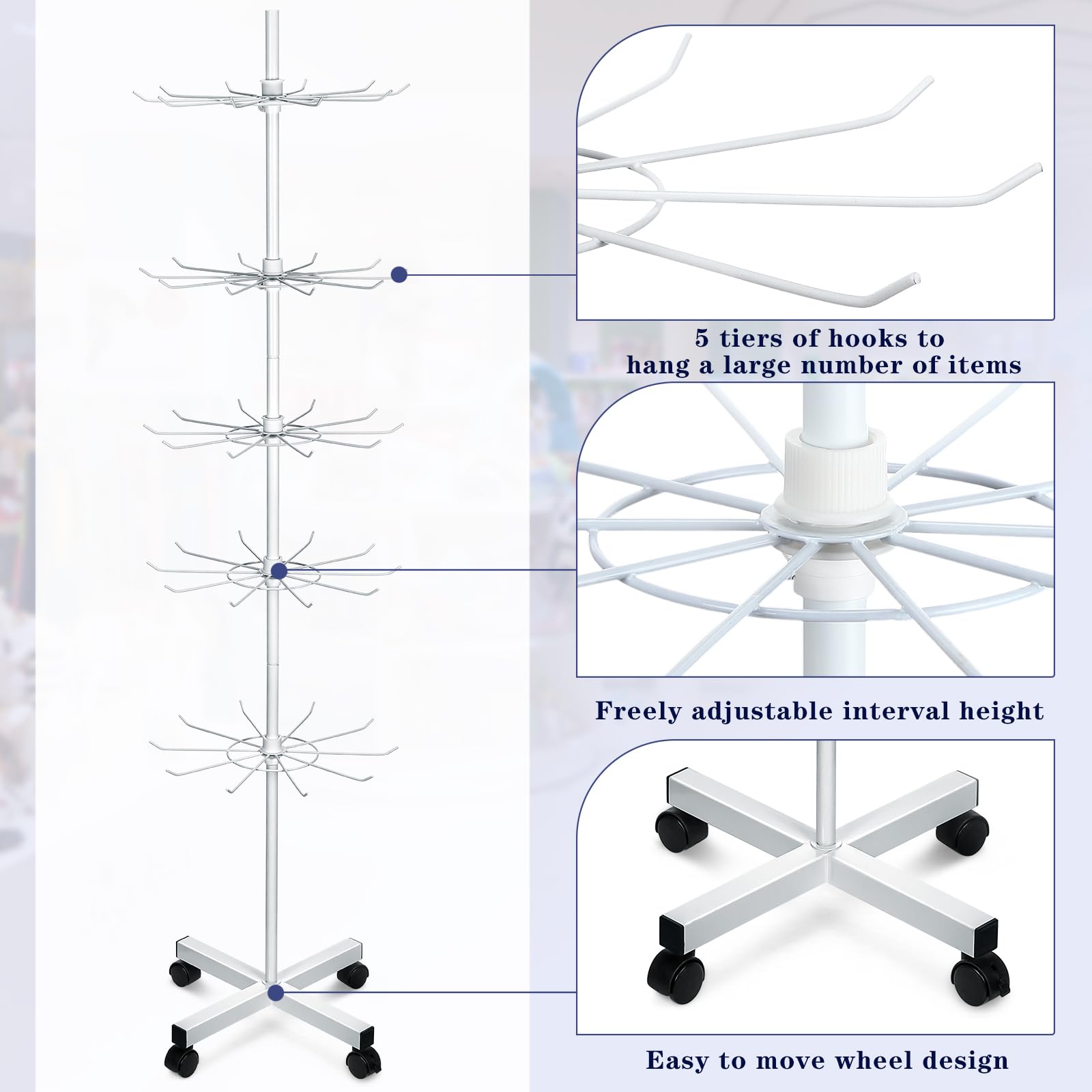 Wesiti 5 Tier Rotating Metal Display Stand with Hooks - White | Perfect for Retail Stores, Trade Shows & Boutique Product Displays