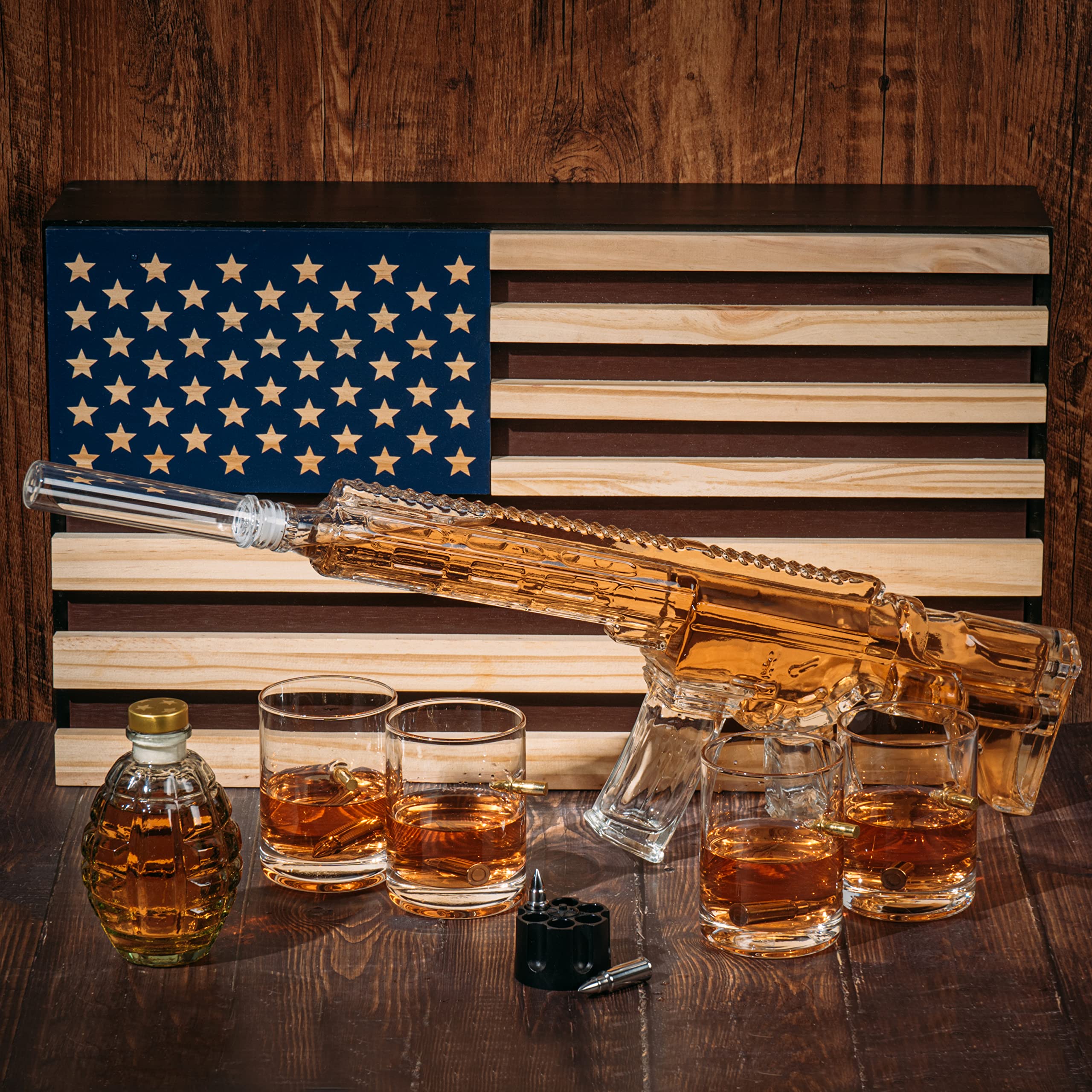 AR15 Whiskey Gun Decanter Set with American Flag Gift Box - 1000ml Capacity Includes Bullet Glasses & Chillers - Perfect Drinking Party Accessories for Army, Marines, Veterans & Gun Lovers - Ideal for Man Cave, Hunting Trips & Patriotic Celebrations