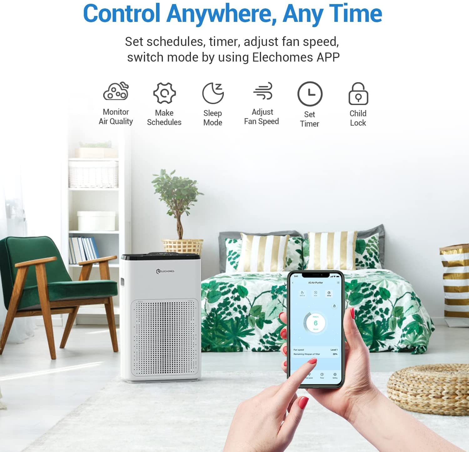 Elechomes Smart WiFi Air Purifier with Alexa & Google Assistant - True HEPA Filter for Large Rooms (323ft²) - Ultra Quiet Sleep Mode - Perfect for Bedroom, Office & Allergy Relief
