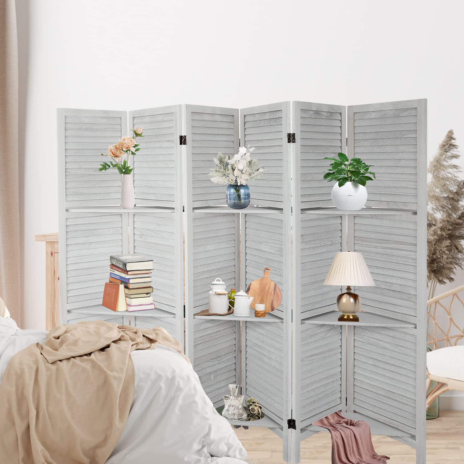 ECOMEX 6-Panel Room Divider with Shelves - White Folding Privacy Screen & Freestanding Partition for Home Office, Studio Apartment | Space-Saving Temporary Wall for Room Separation & Organization