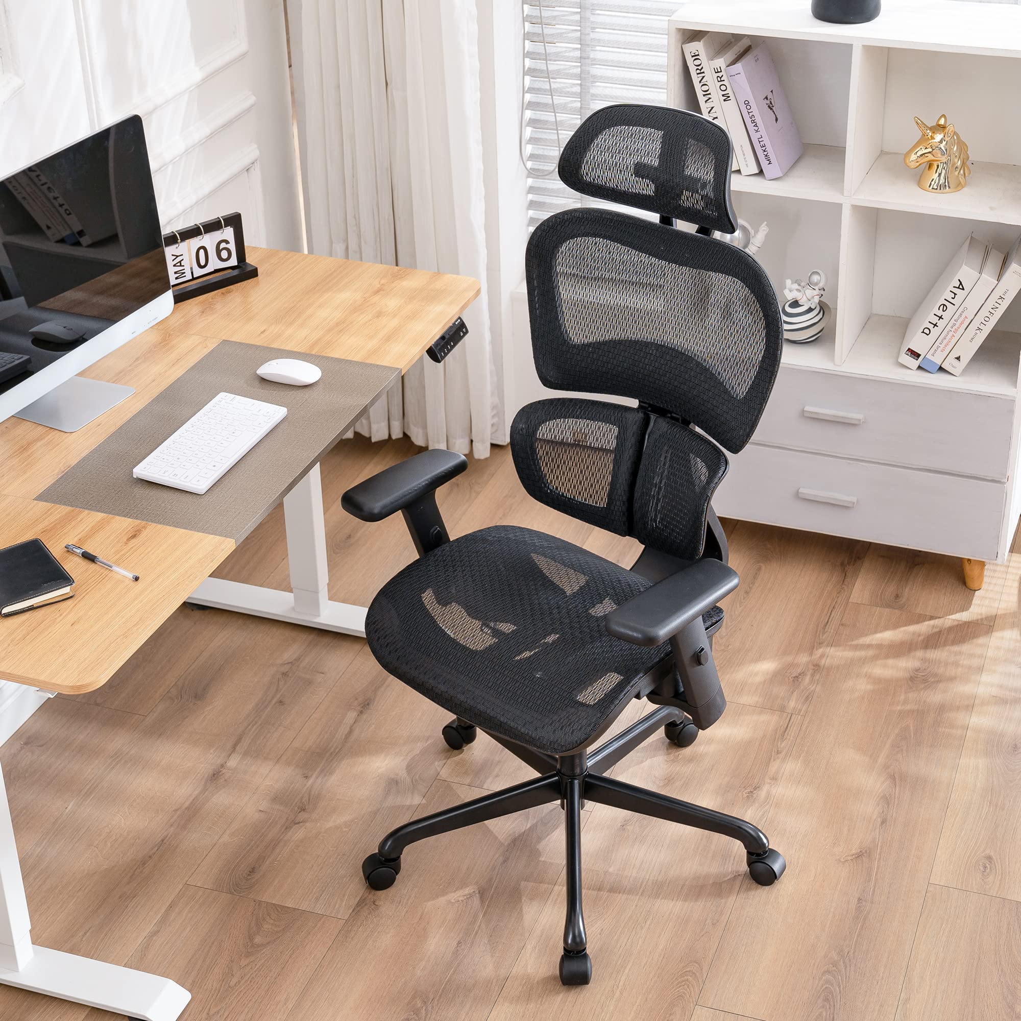 Ergonomic Office Chair with 3D Lumbar Support - Adjustable Mesh Desk Chair with Headrest & Sliding Armrests, High Back Computer Chair for Home Office - Perfect for Long Work Hours, Gaming & Remote Work
