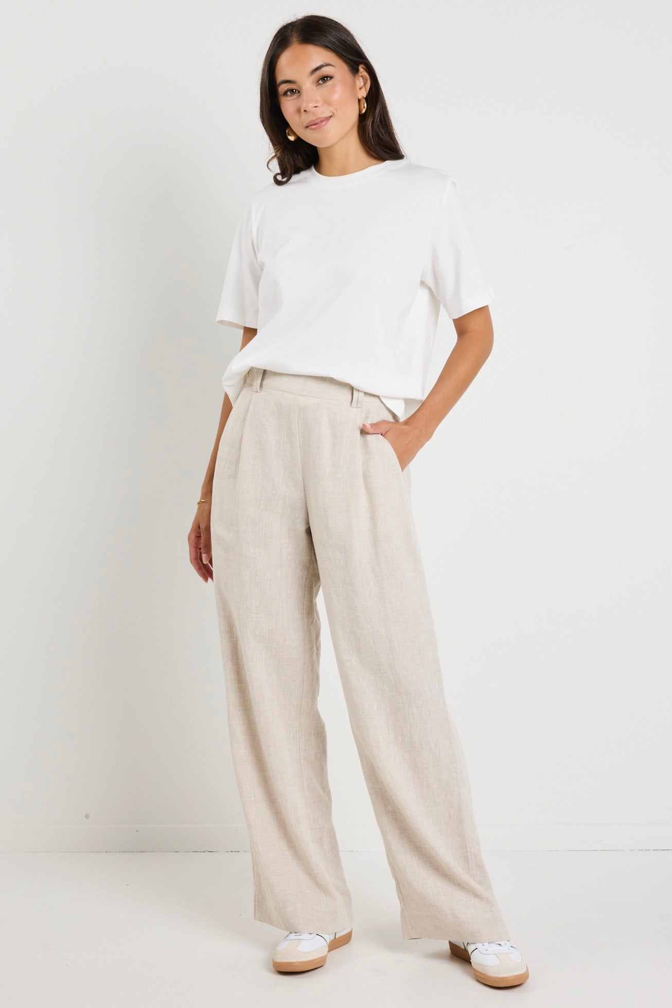 Bestow Natural Linen Elastic Waist Wide Leg Pants for Women - Comfortable Summer Lounge & Casual Wear