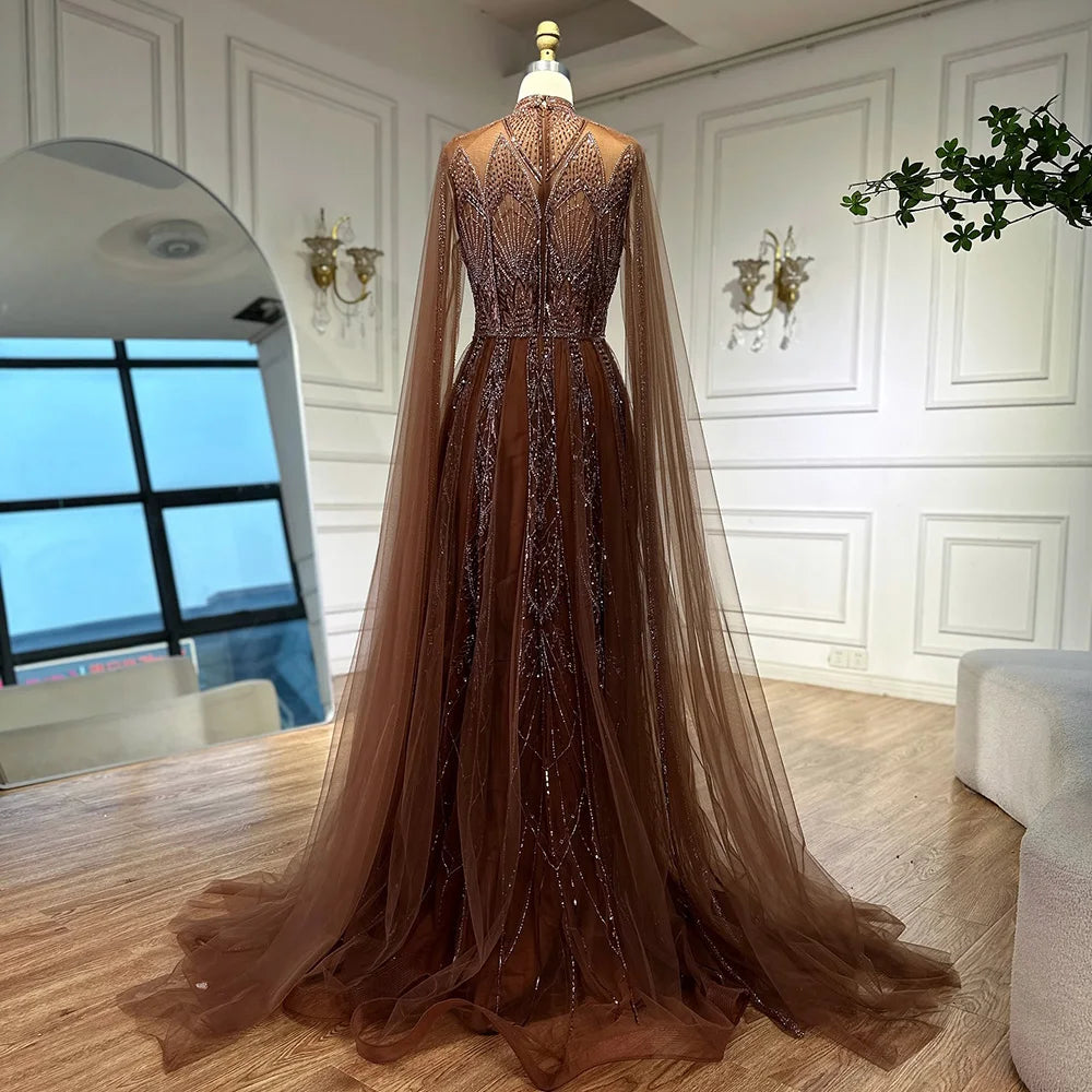 Luxury Brown Beaded Evening Gown with Cape - Arabic Style Formal Dress LA72951 for Wedding, Gala & Special Occasions