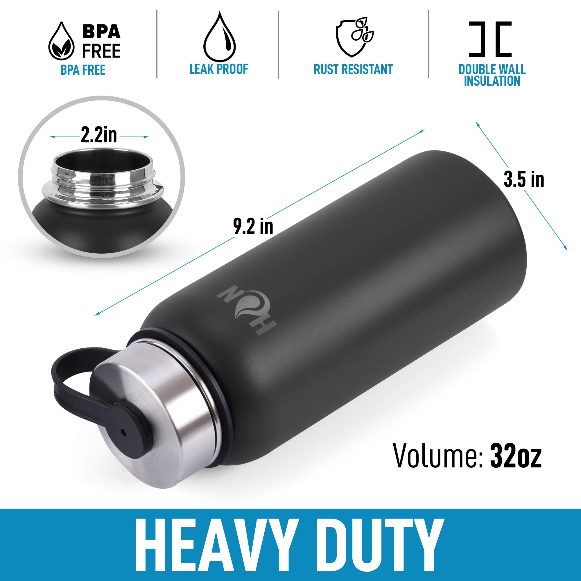 Hydration Nation 3 Lid Multi-Size Vacuum Insulated Stainless Steel Water Bottle with Straw - 20oz/32oz Metal Water Bottle for Gym, Hiking & Outdoor Activities - Keeps Drinks Hot & Cold for 24 Hours - Perfect for Sports, Travel & Office Use (Black)